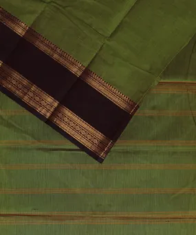 Light green brown border cotton handwoven chettinadu saree