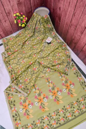 Light Matcha Green Yellow Color Jamdani Saree with Allover Jaal Work and Tissue Kota Blouse Piece