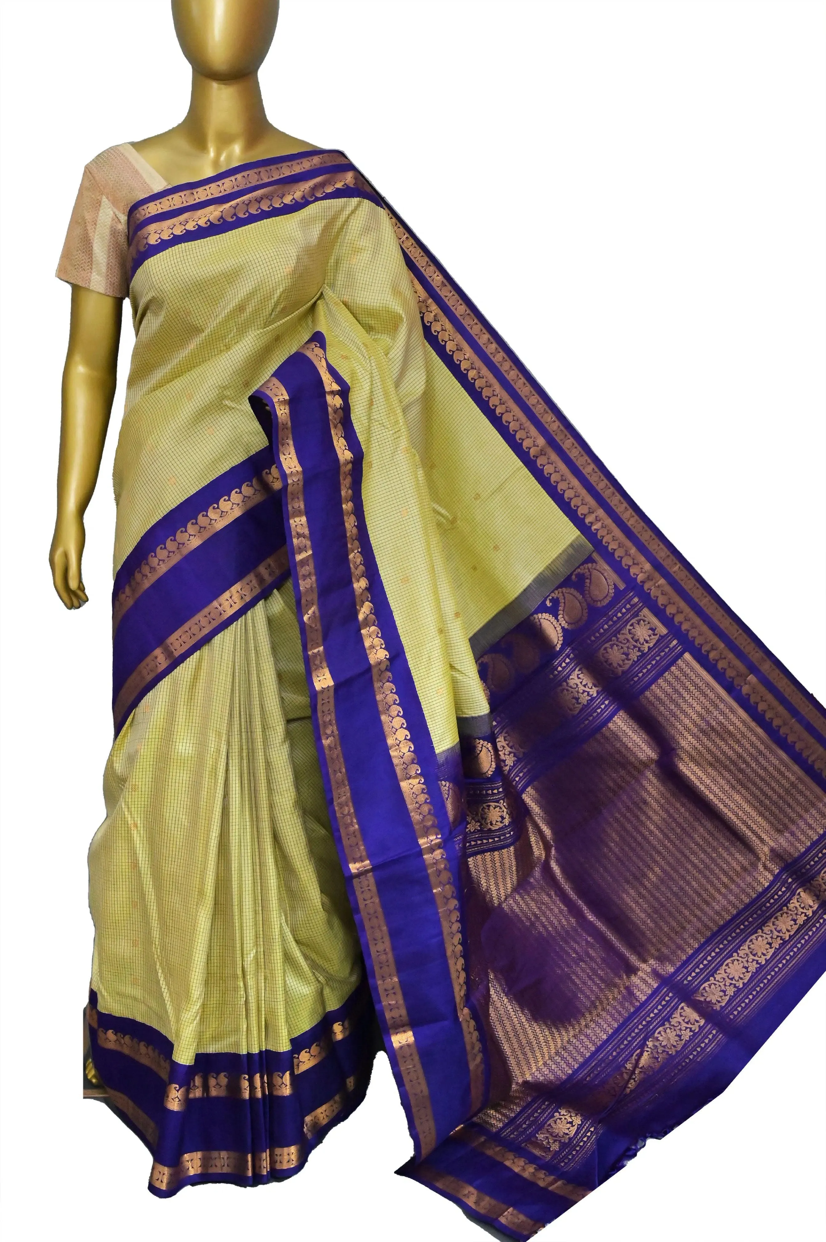 Light Pista Green Pure Gadwal Silk Saree with Check Design