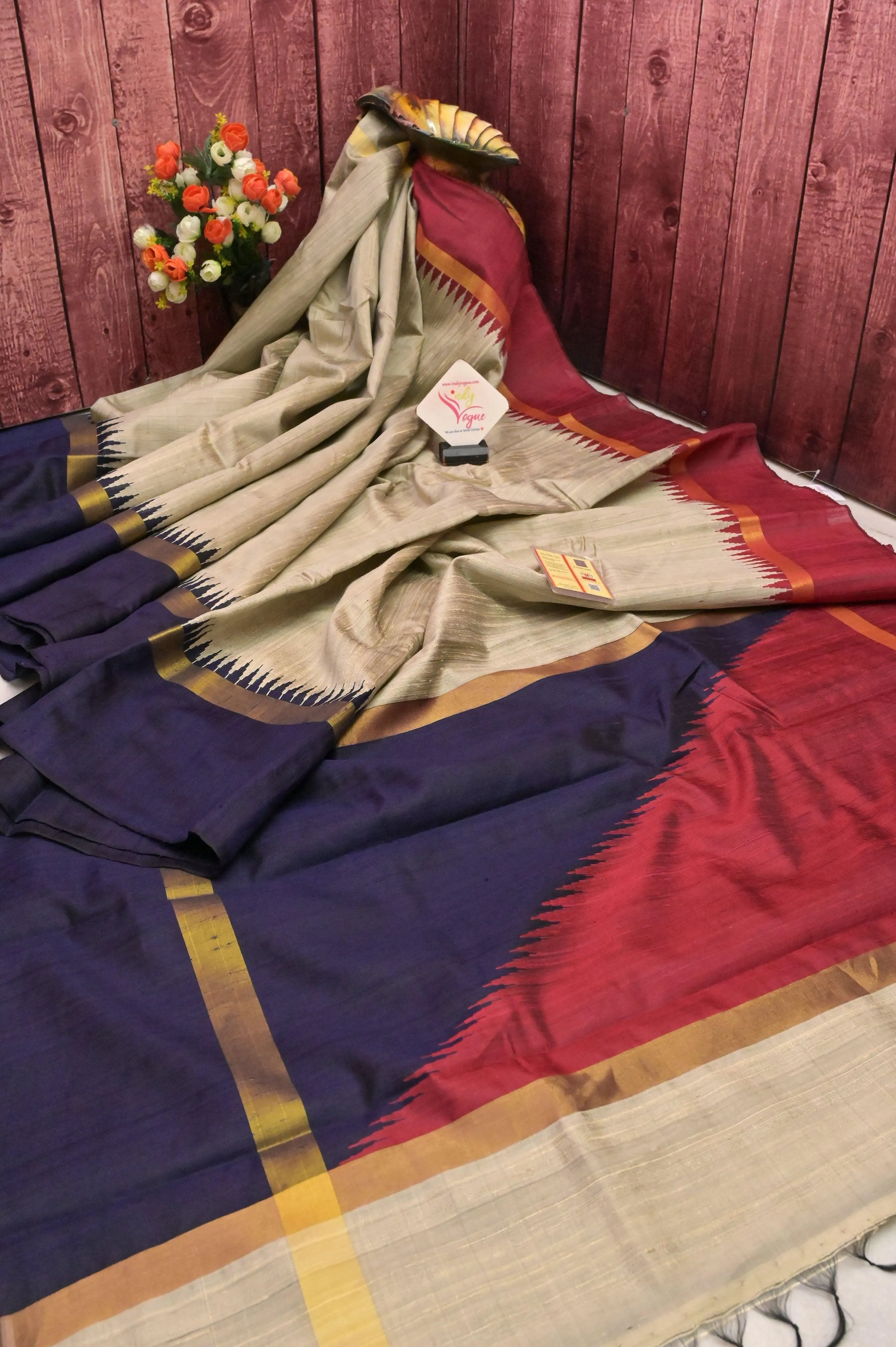 Light Soil Grey Color Pure Raw Silk Saree with Ganga Jamuna Border