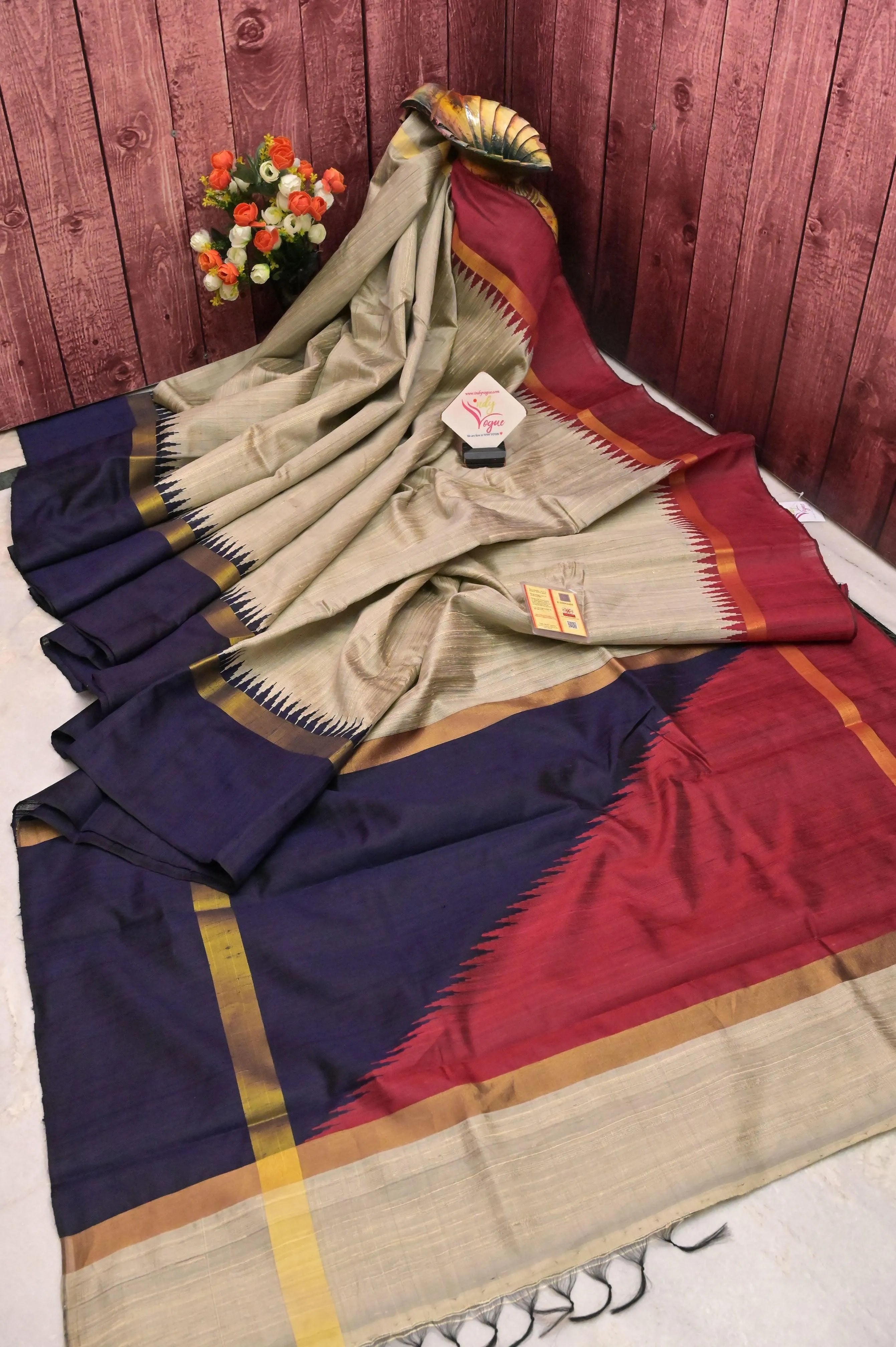 Light Soil Grey Color Pure Raw Silk Saree with Ganga Jamuna Border