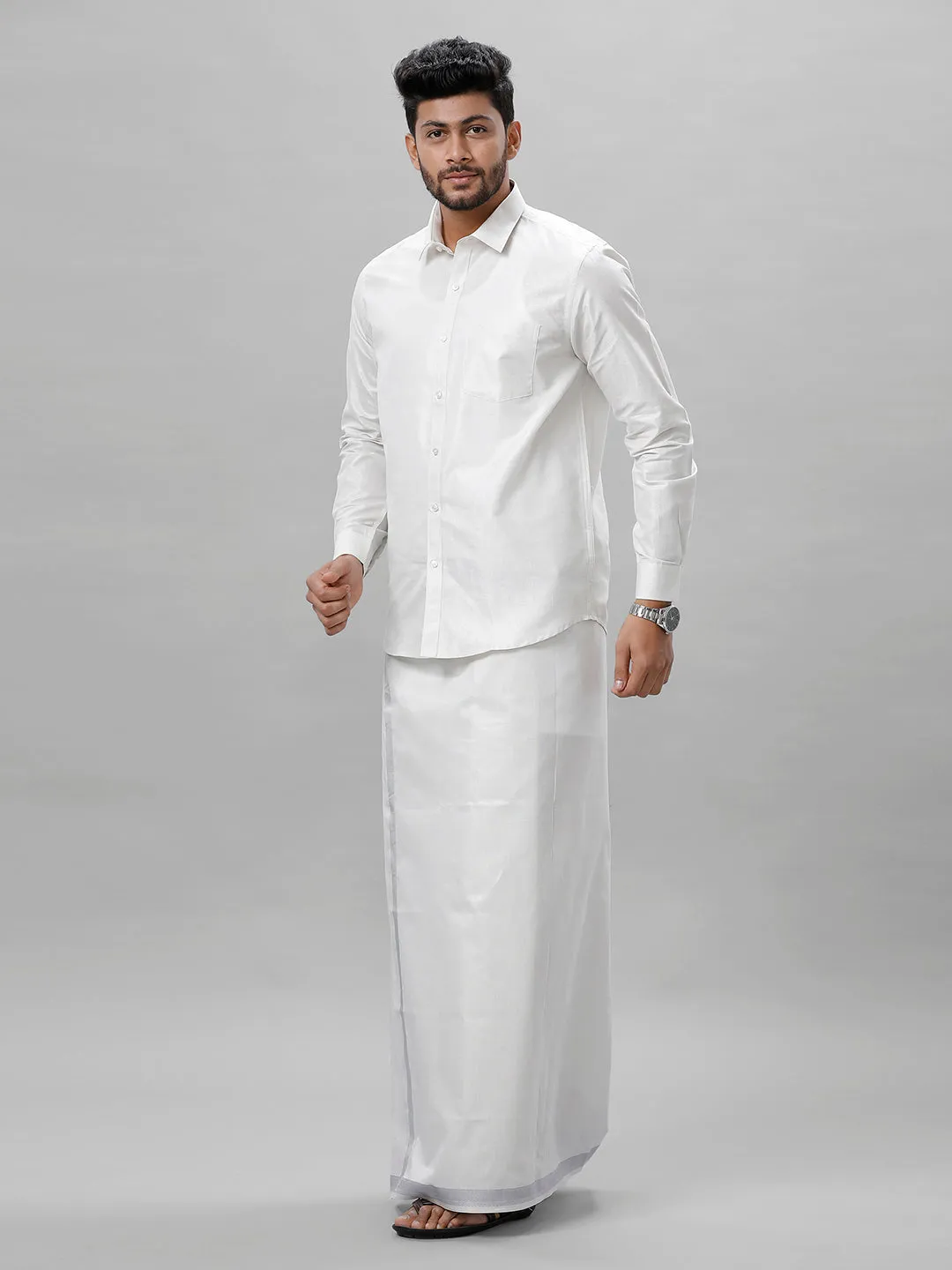 Like Father Like Son Tissue Jari Shirt Dhoti Combo Sankalpam Silver