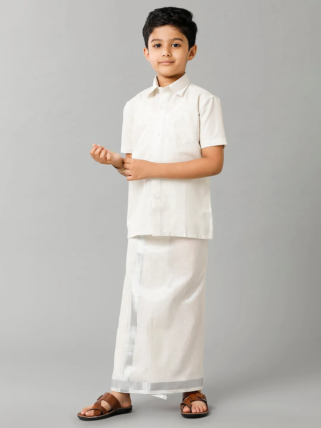 Like Father Like Son Tissue Jari Shirt Dhoti Combo Sankalpam Silver