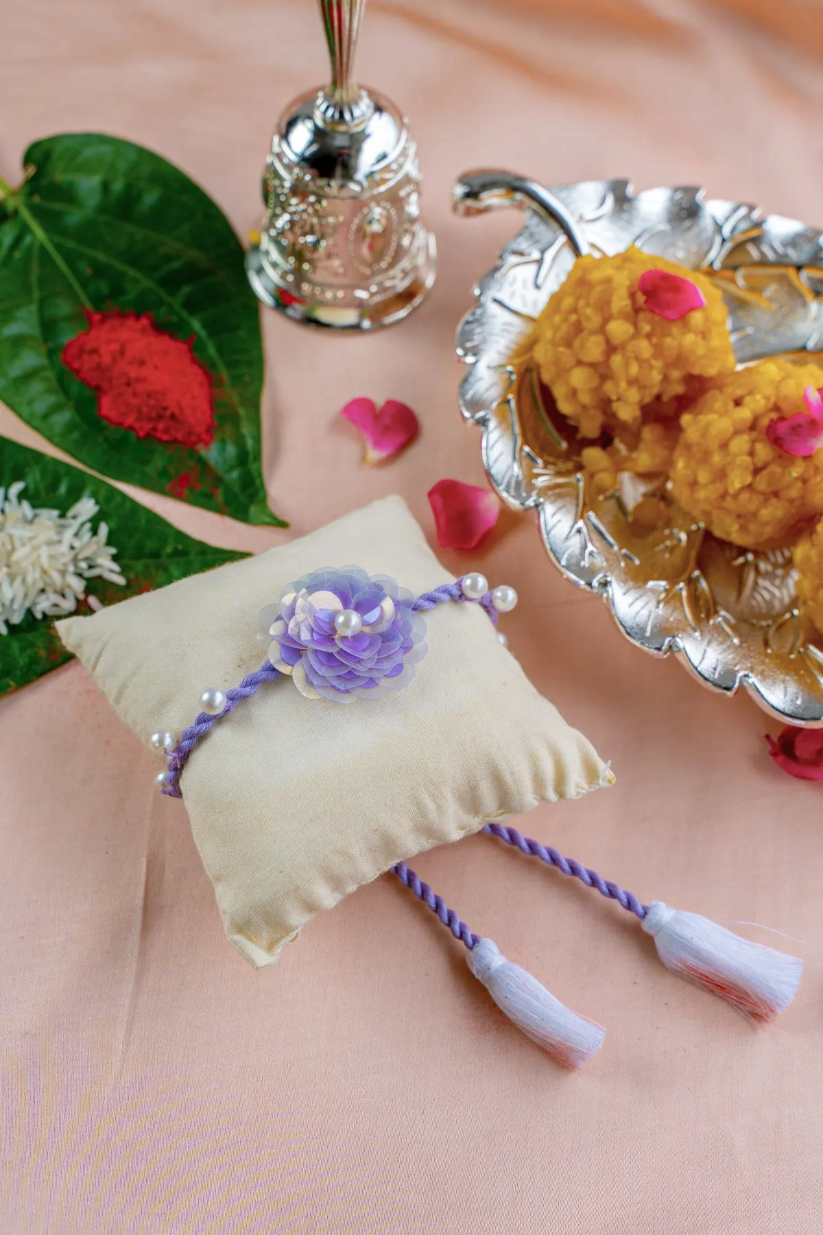 Lilac Love Flower Embroidered Rakhi