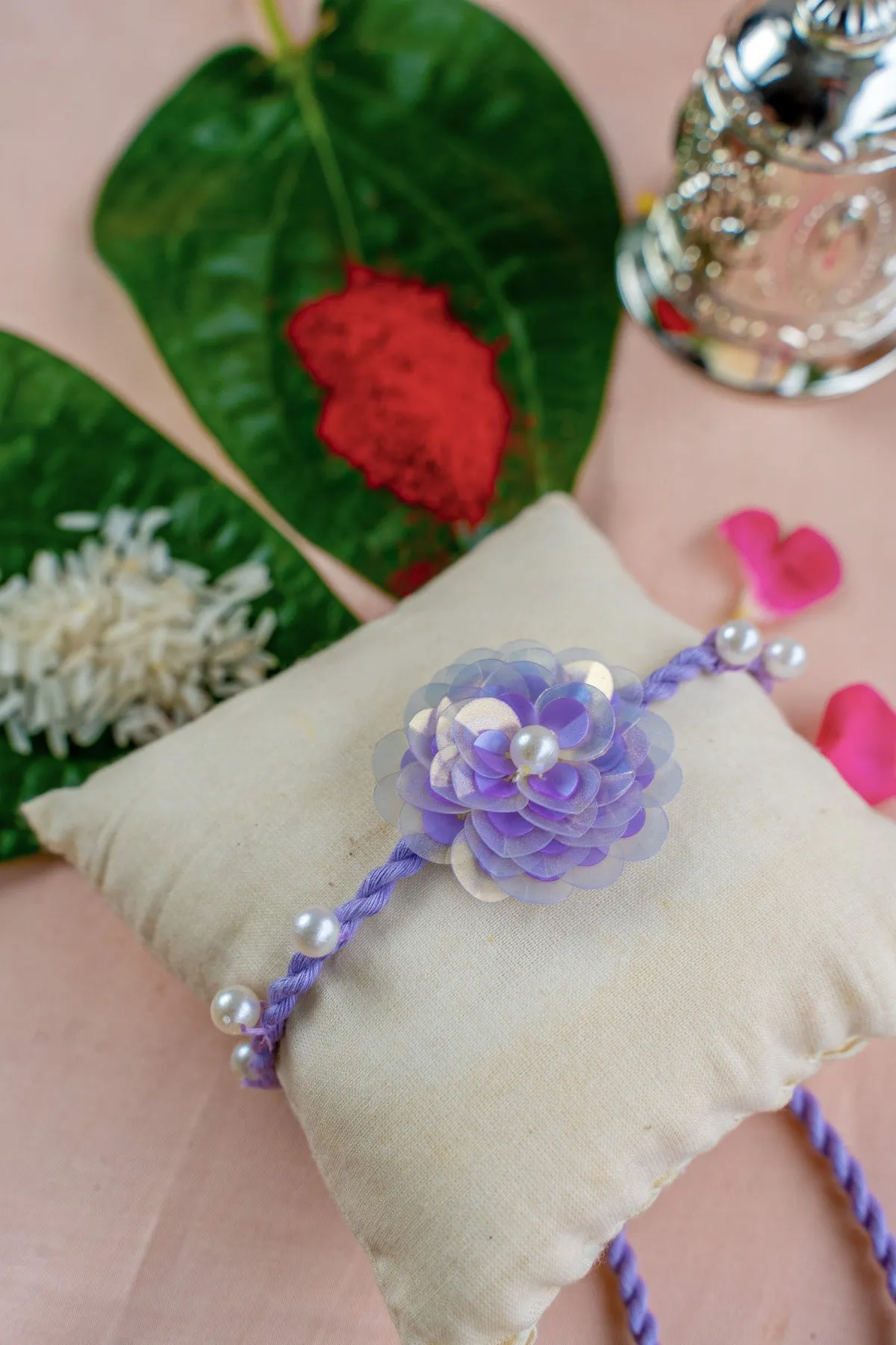 Lilac Love Flower Embroidered Rakhi