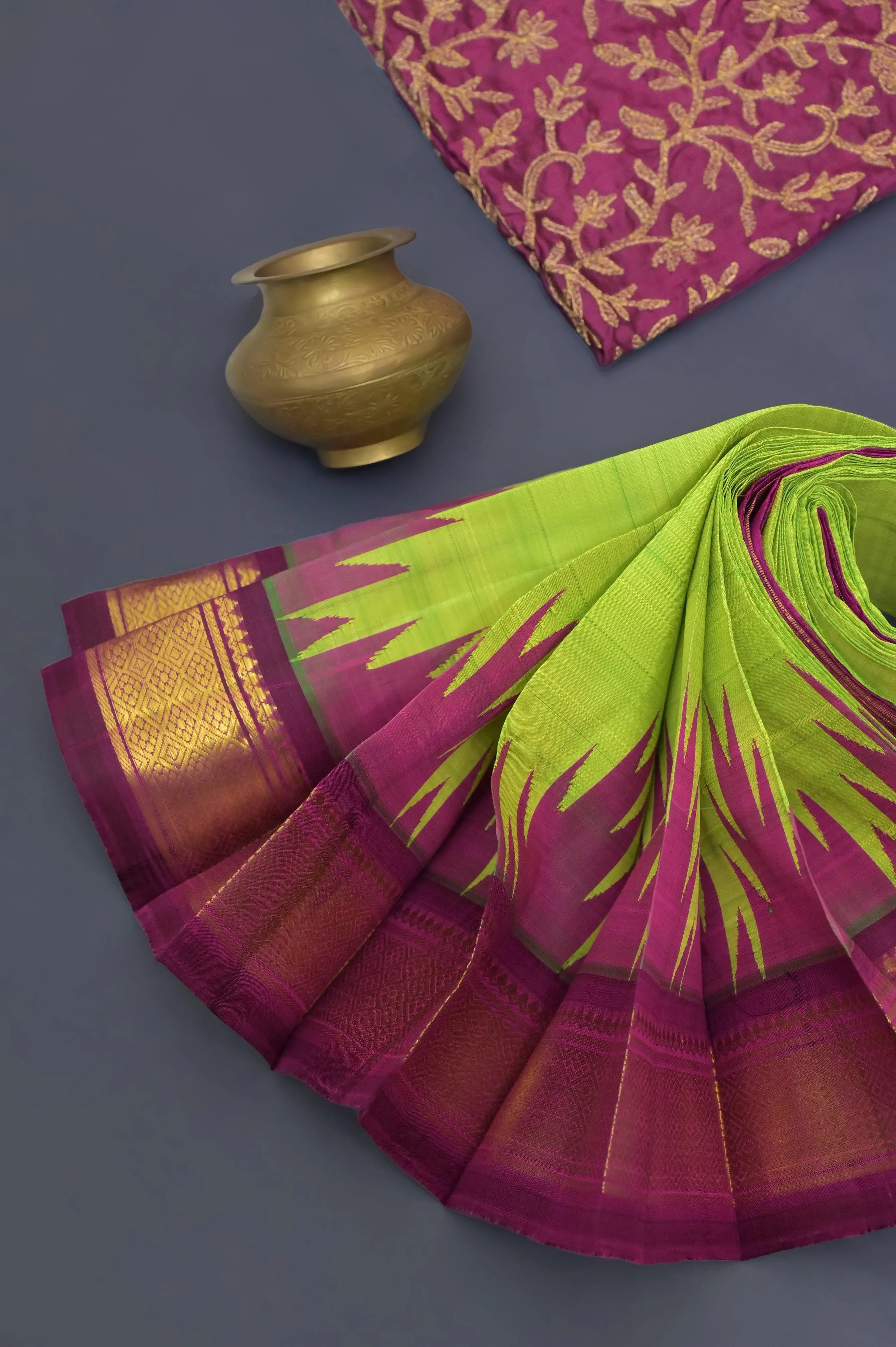 Lime Green and Magenta Color Pure Kanjeevaram Silk with Zari Temple Border