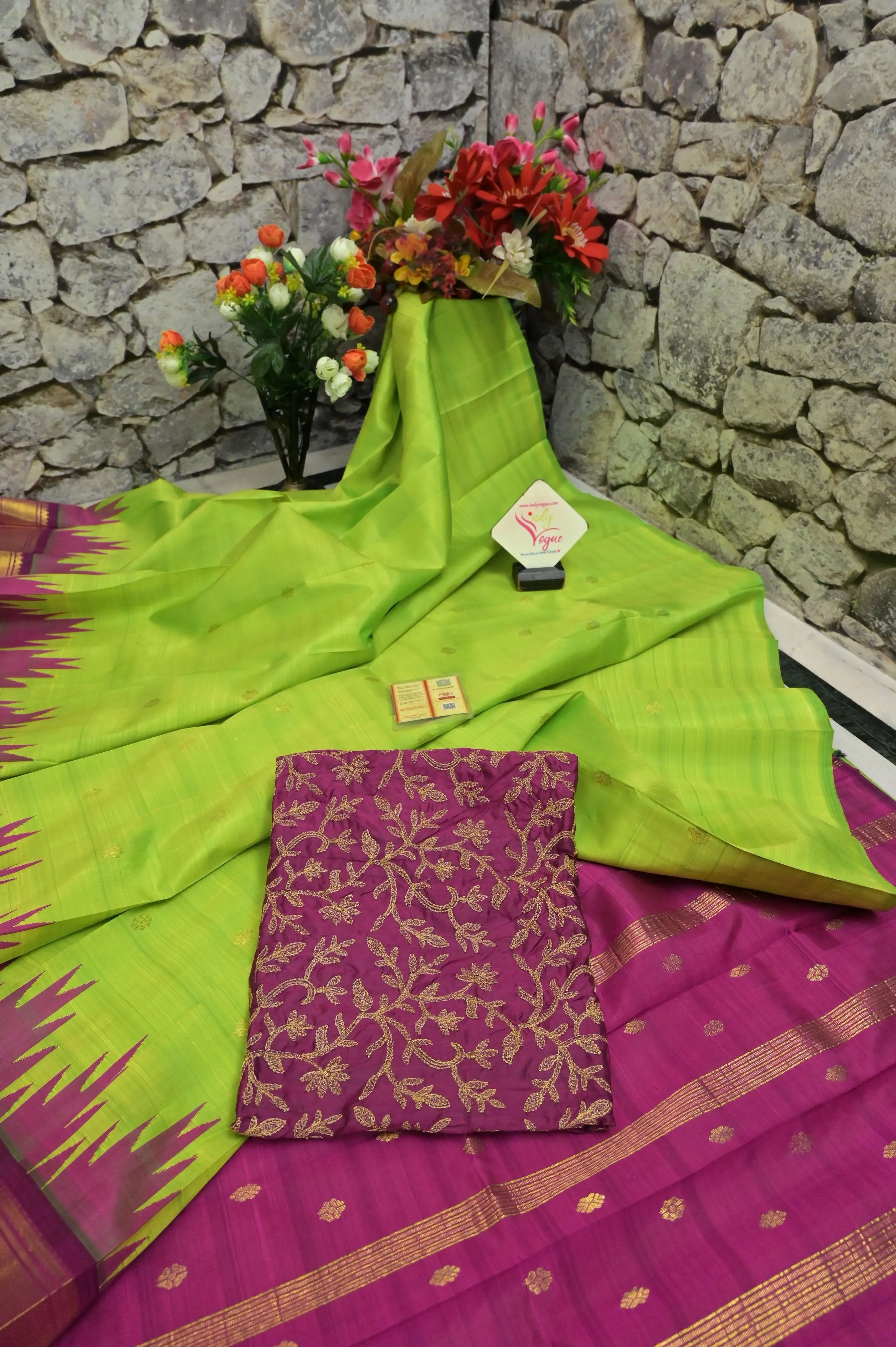 Lime Green and Magenta Color Pure Kanjeevaram Silk with Zari Temple Border