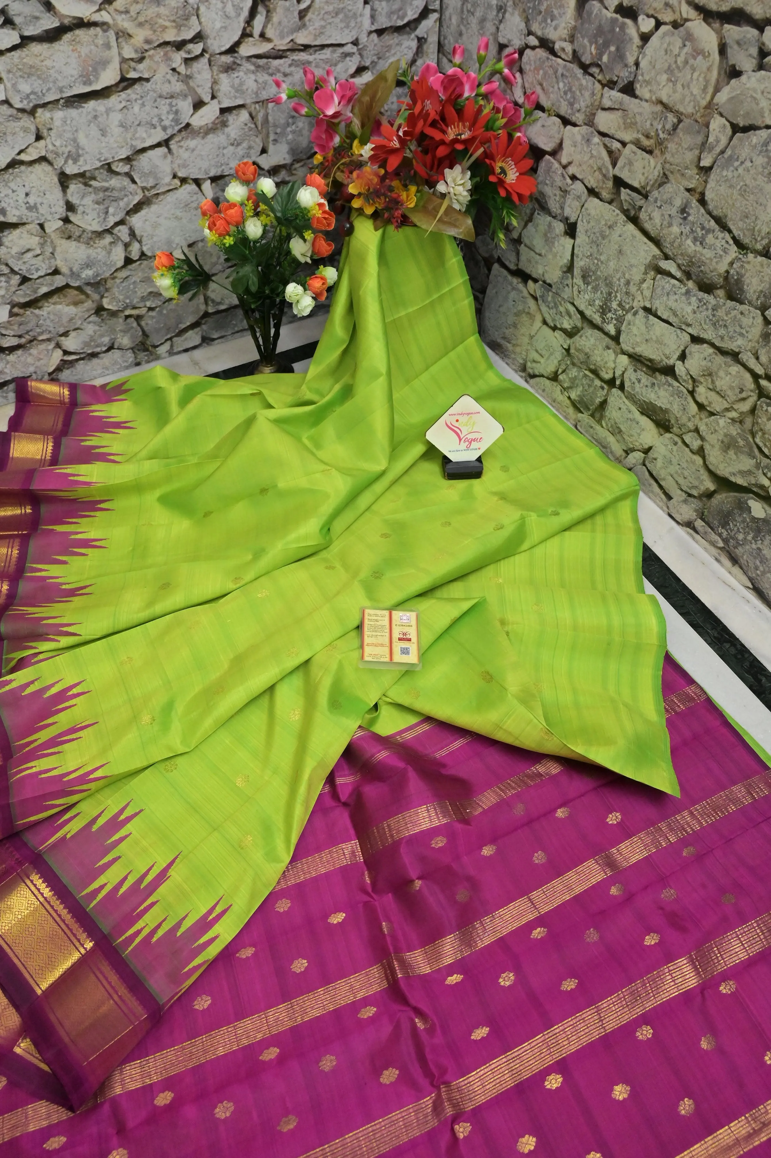 Lime Green and Magenta Color Pure Kanjeevaram Silk with Zari Temple Border