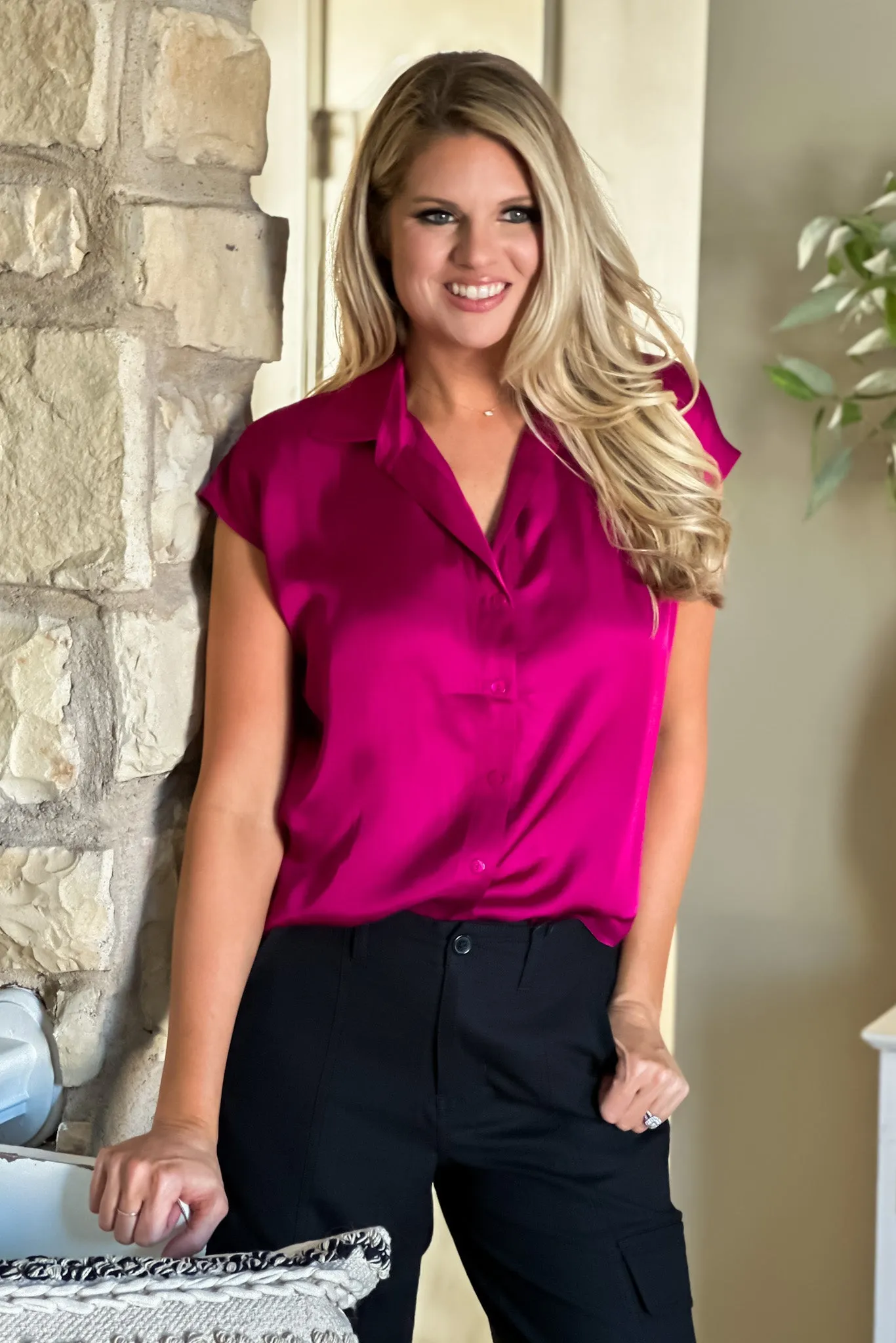 Liverpool Laura Short Sleeve Silky Button Down Blouse : Fuchsia