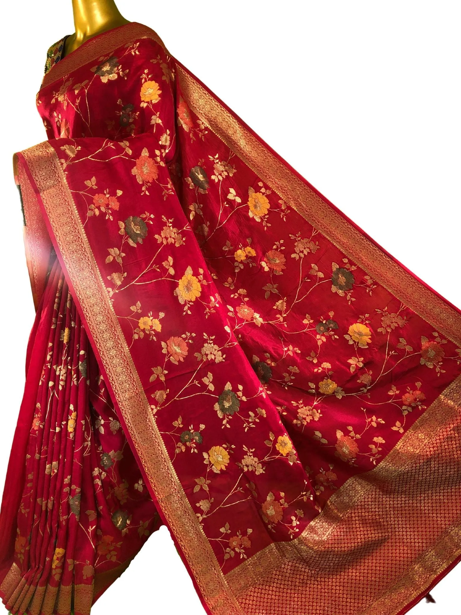 Magenta Red Color Muga Banarasi Saree with Allover Meenakari Jaal Work