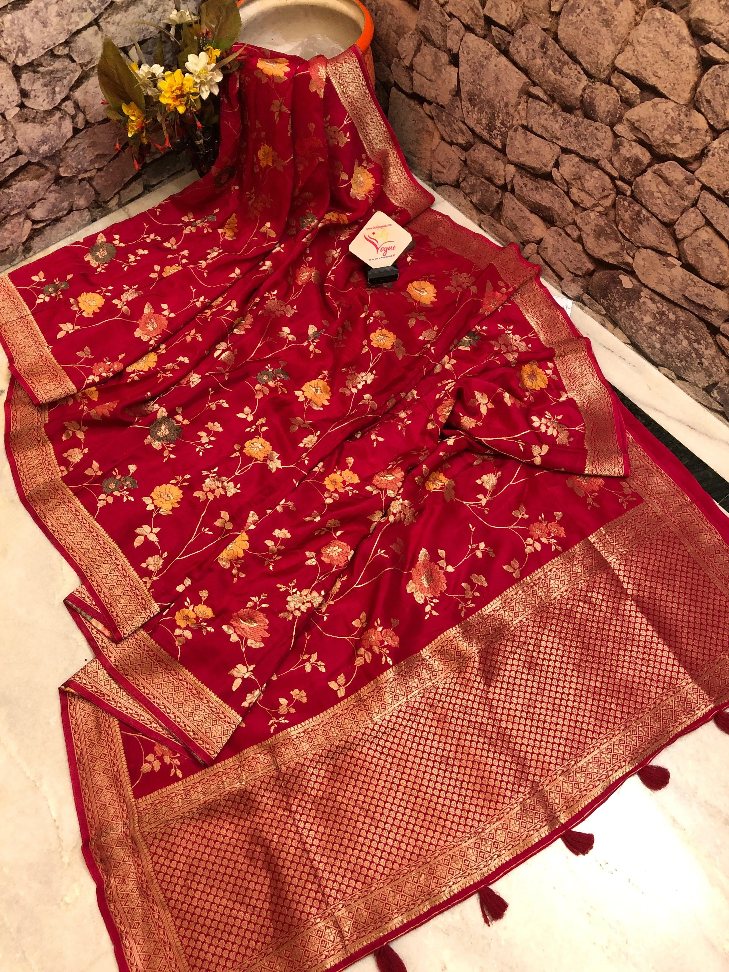 Magenta Red Color Muga Banarasi Saree with Allover Meenakari Jaal Work