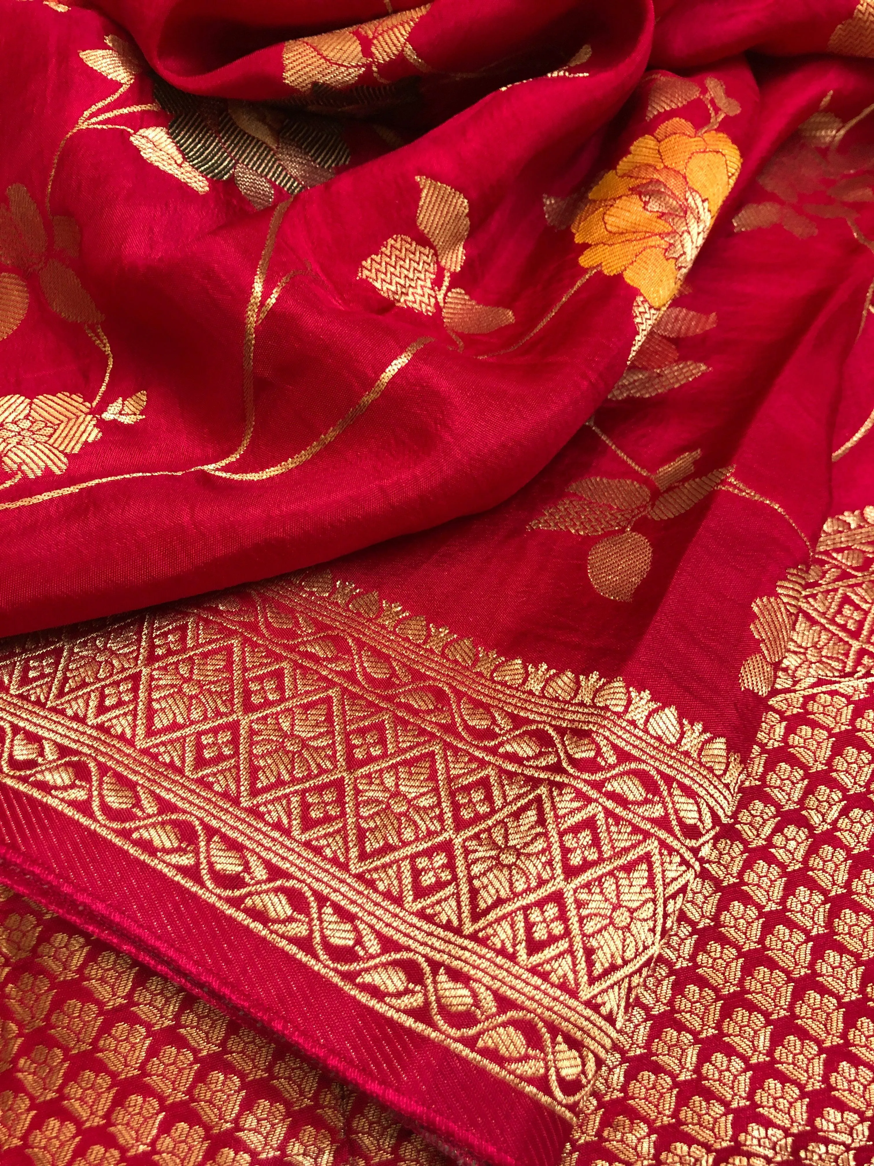 Magenta Red Color Muga Banarasi Saree with Allover Meenakari Jaal Work