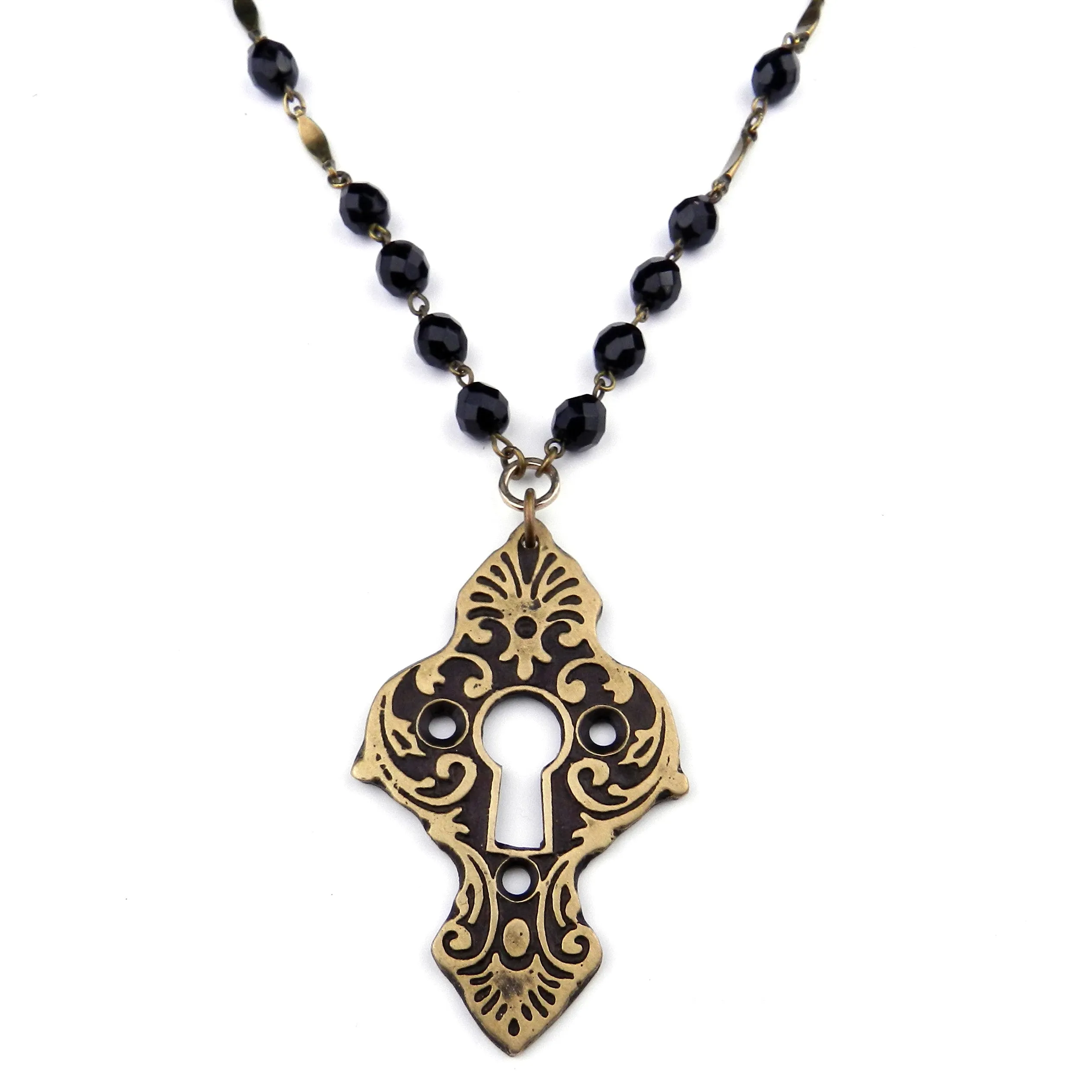 Medina Antique Keyhole Necklace - Black Crystal