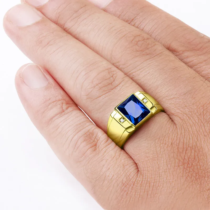 Men's Ring Sapphire and Genuine Diamonds in 10K Yellow Gold