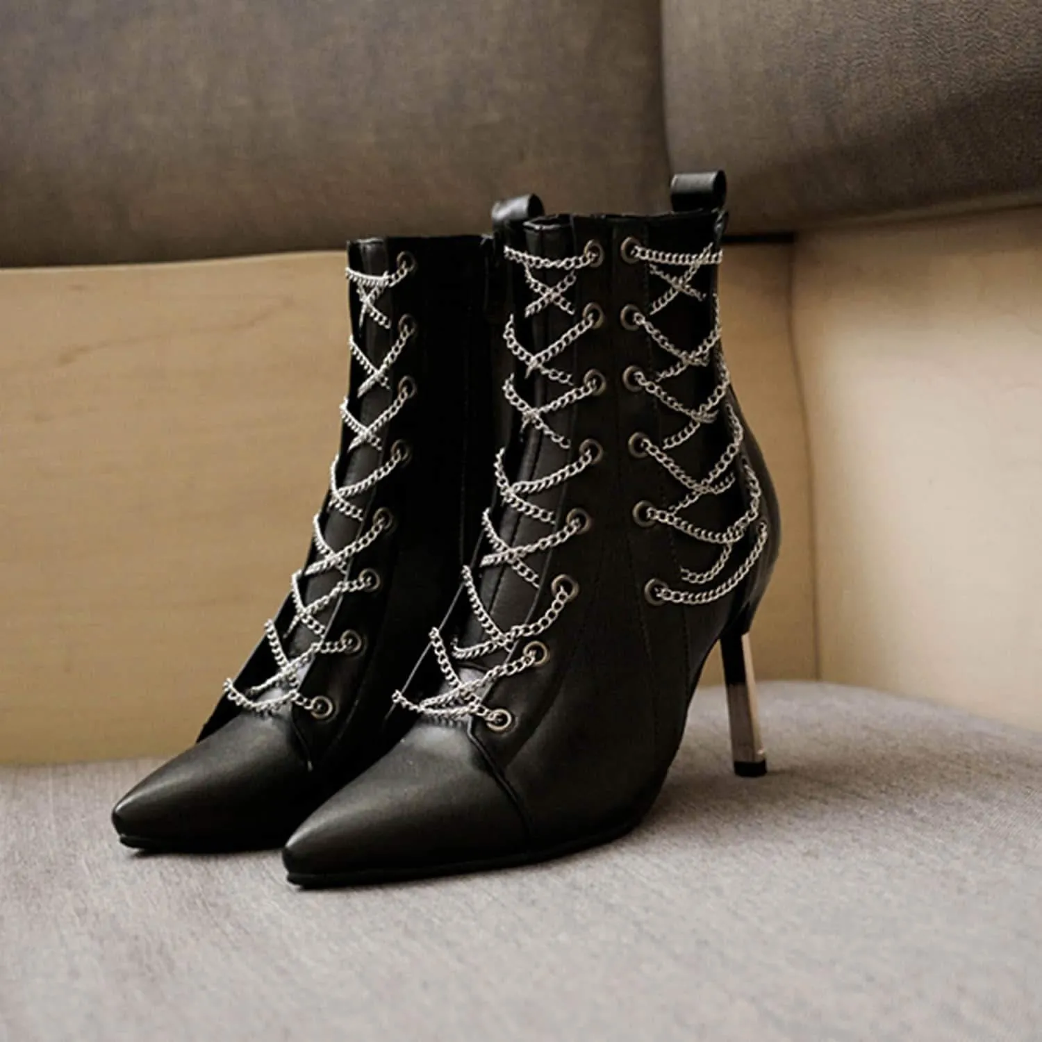 Metallic Chain Strap Decor Point-toe High Heel Boots