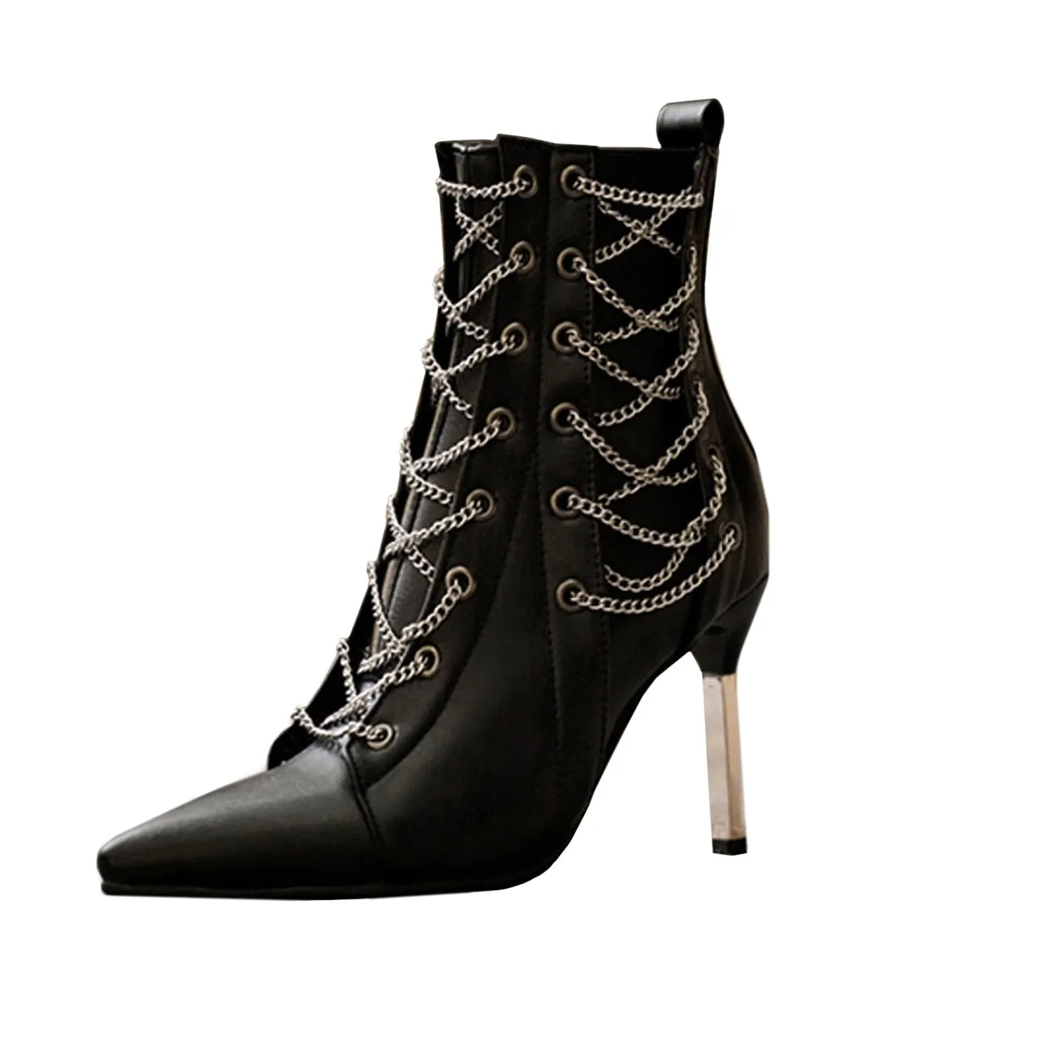 Metallic Chain Strap Decor Point-toe High Heel Boots