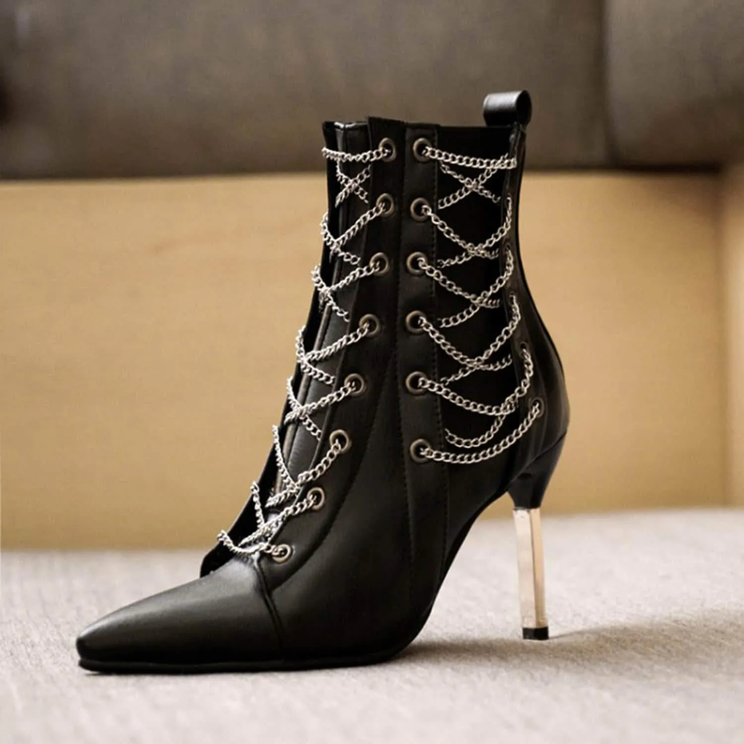 Metallic Chain Strap Decor Point-toe High Heel Boots