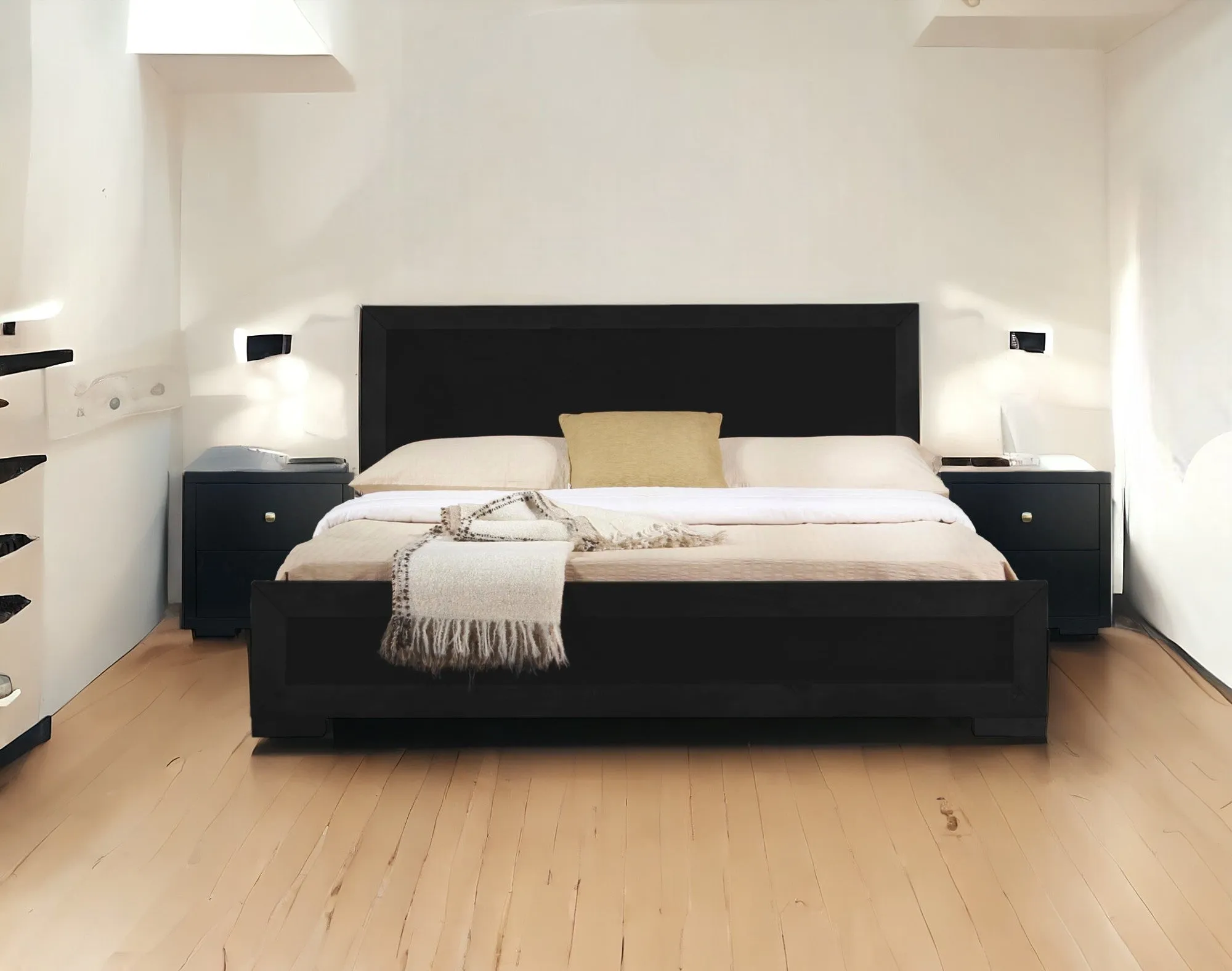 Moma Black Wood Platform Queen Bed With Two Nightstands