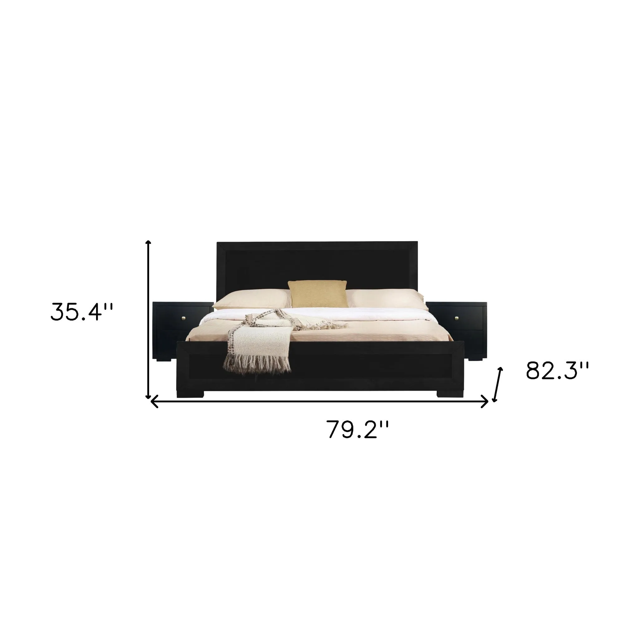 Moma Black Wood Platform Queen Bed With Two Nightstands