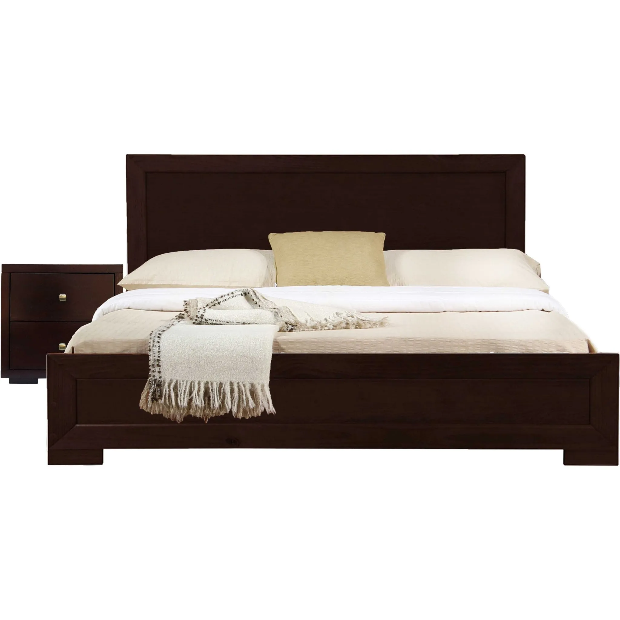 Moma Black Wood Platform Queen Bed With Two Nightstands