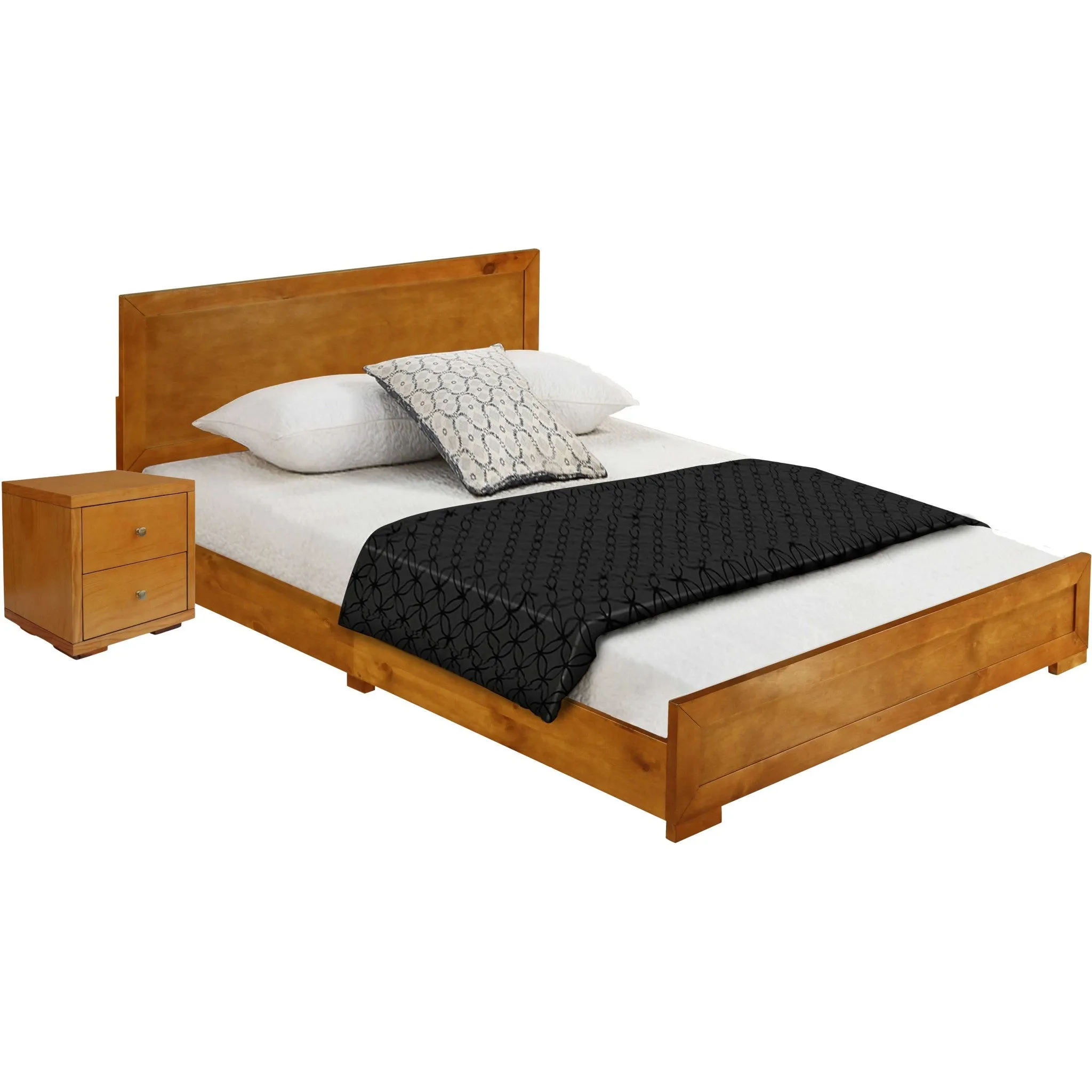 Moma Black Wood Platform Queen Bed With Two Nightstands