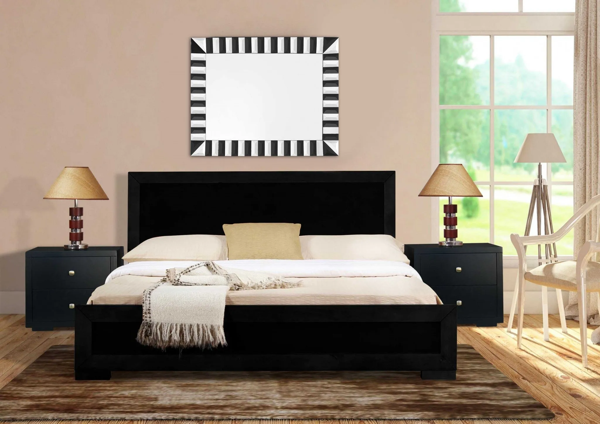 Moma Black Wood Platform Queen Bed With Two Nightstands