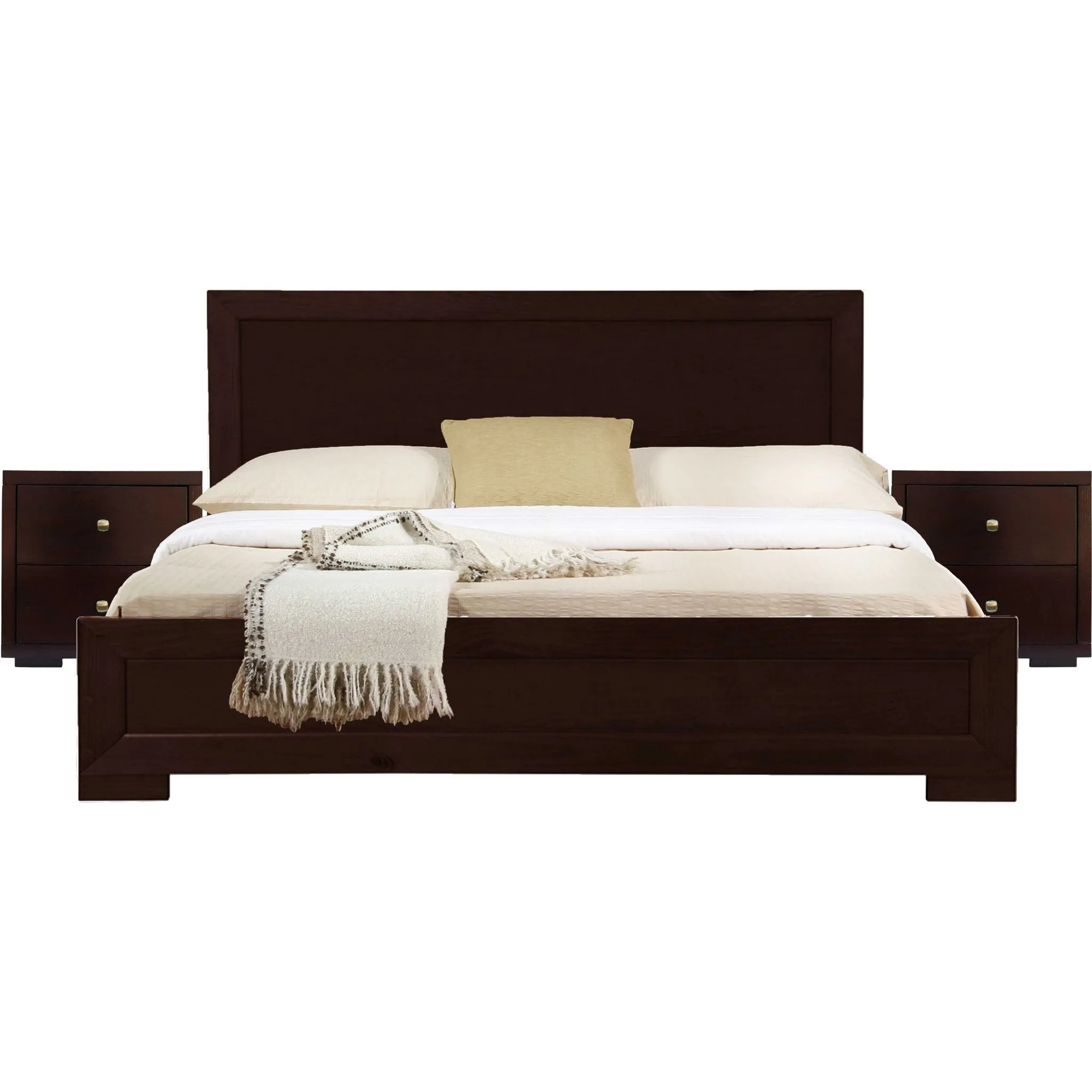 Moma Black Wood Platform Queen Bed With Two Nightstands