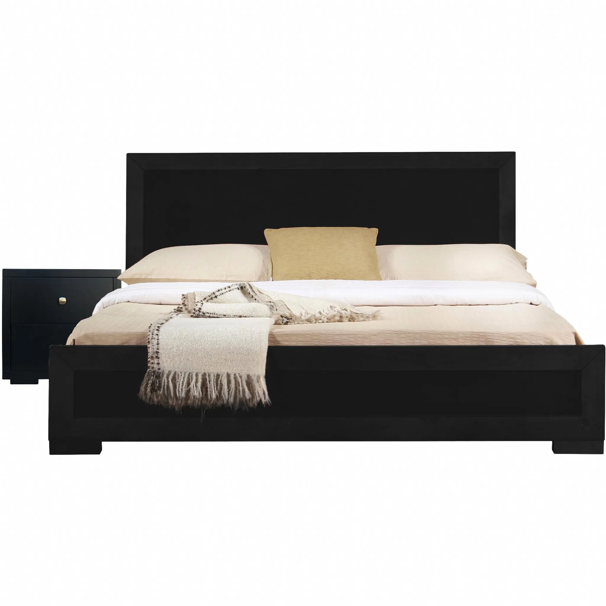 Moma Black Wood Platform Queen Bed With Two Nightstands