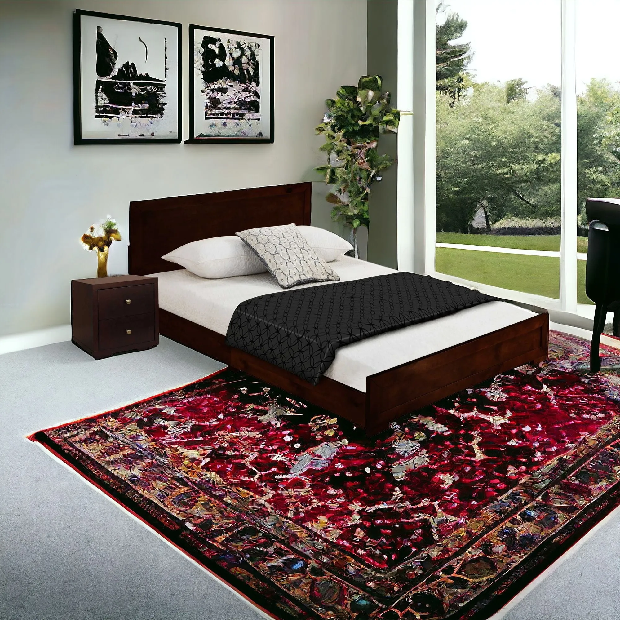 Moma Black Wood Platform Queen Bed With Two Nightstands