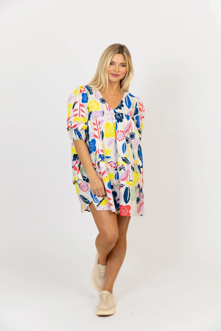 Multi Abstract Vneck Scallop Dress