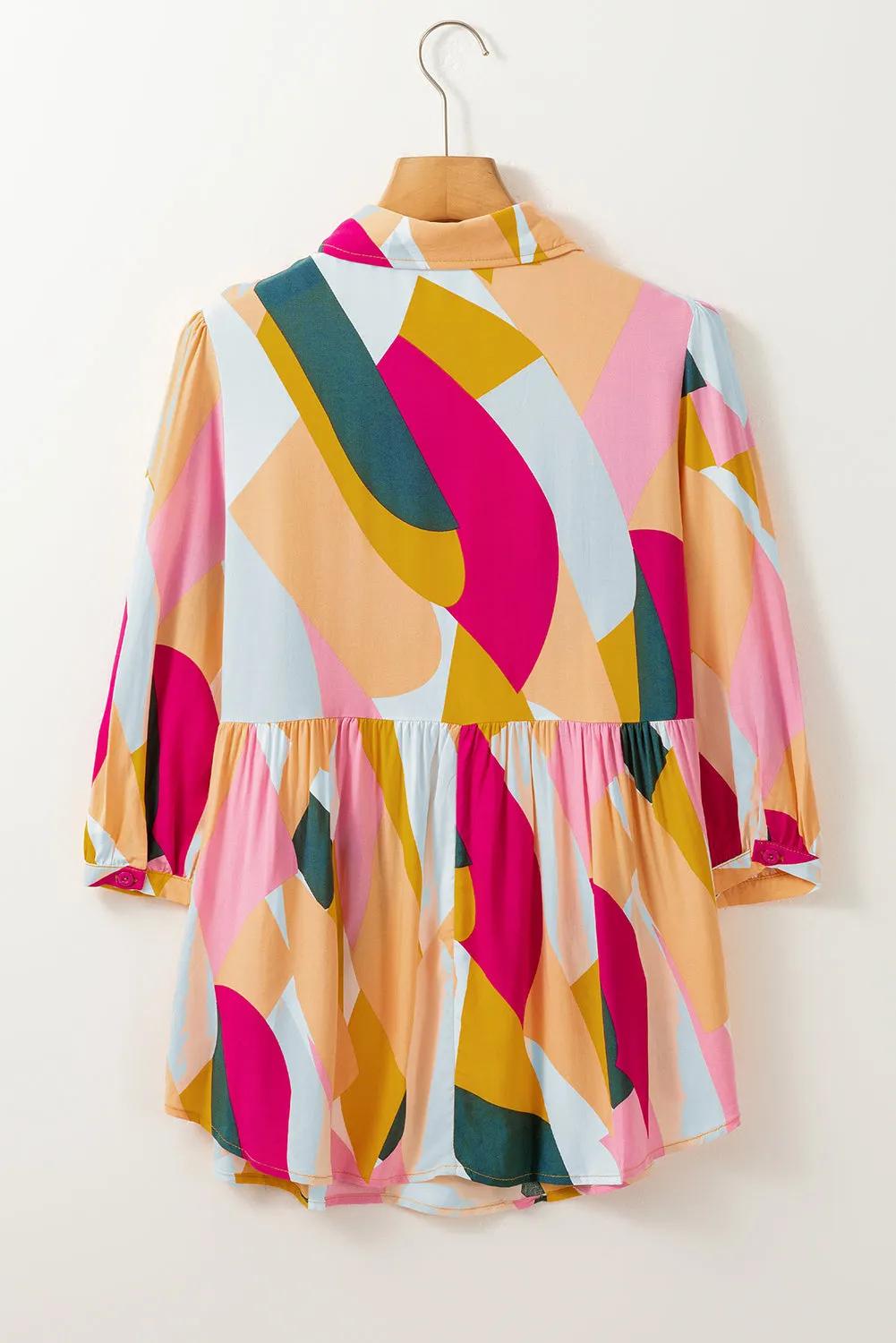 Multicolor Geometric Print Bracelet Sleeve Henley Blouse