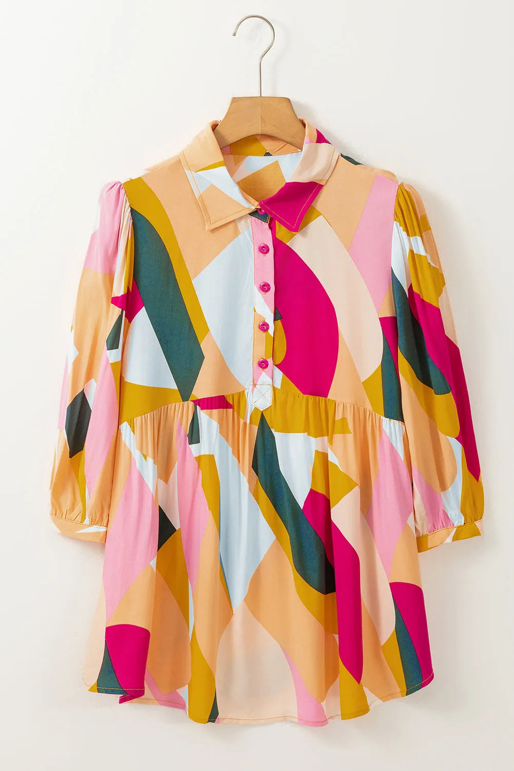 Multicolor Geometric Print Bracelet Sleeve Henley Blouse