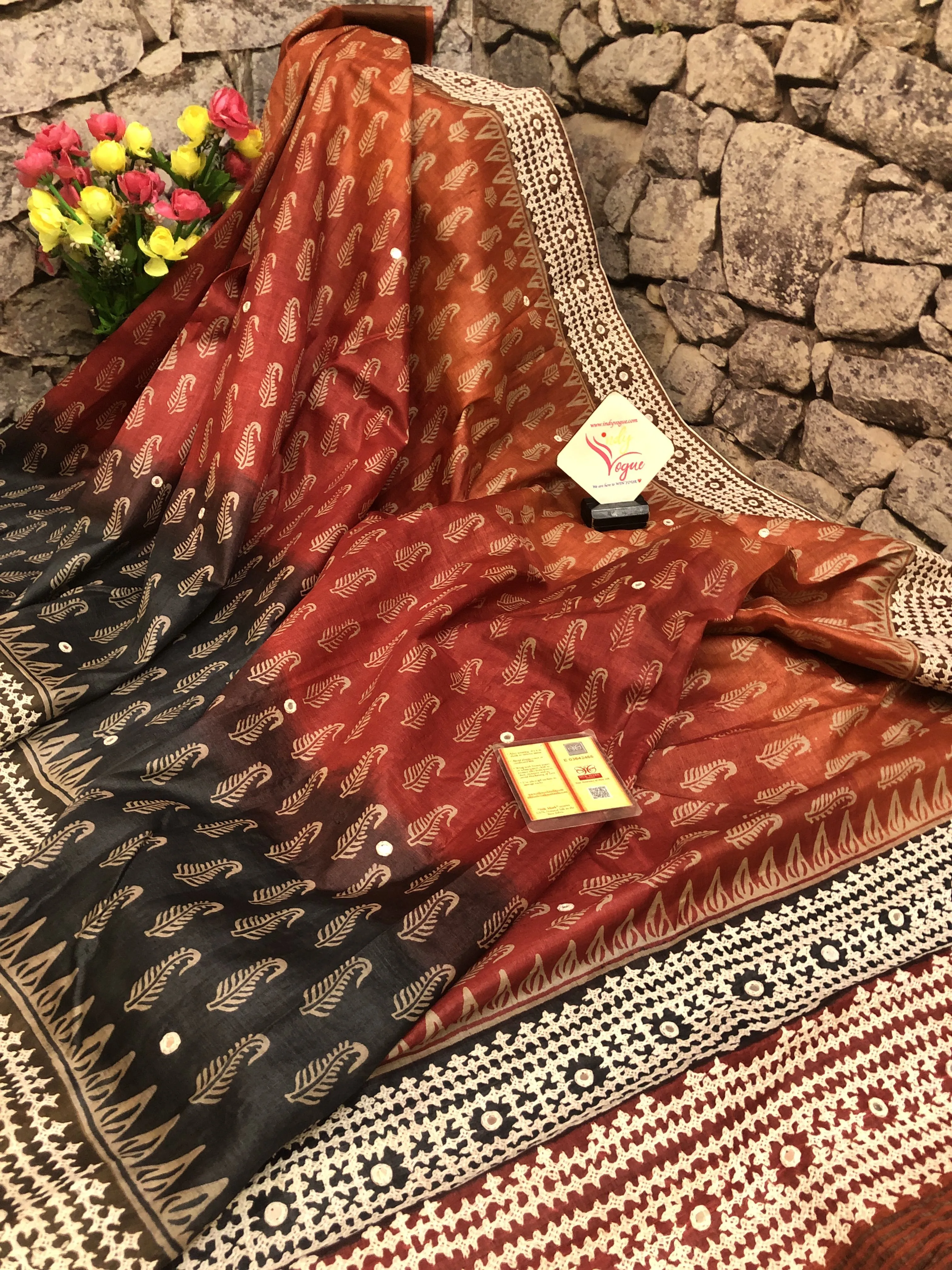 Multicolor Tussar Silk with Hand Block & Hand Gujrati Stitch with Mirror Work