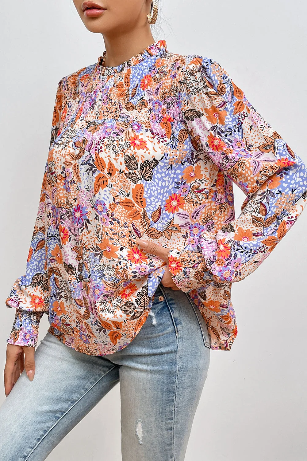 Multicolour Floral Bishop Sleeve Frilled Round Neck Blouse