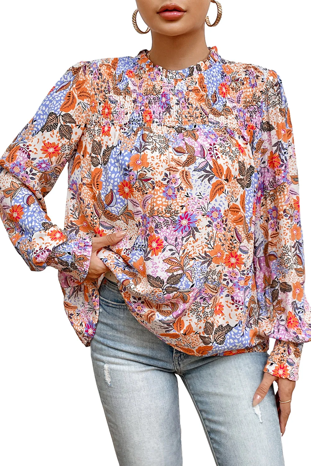 Multicolour Floral Bishop Sleeve Frilled Round Neck Blouse