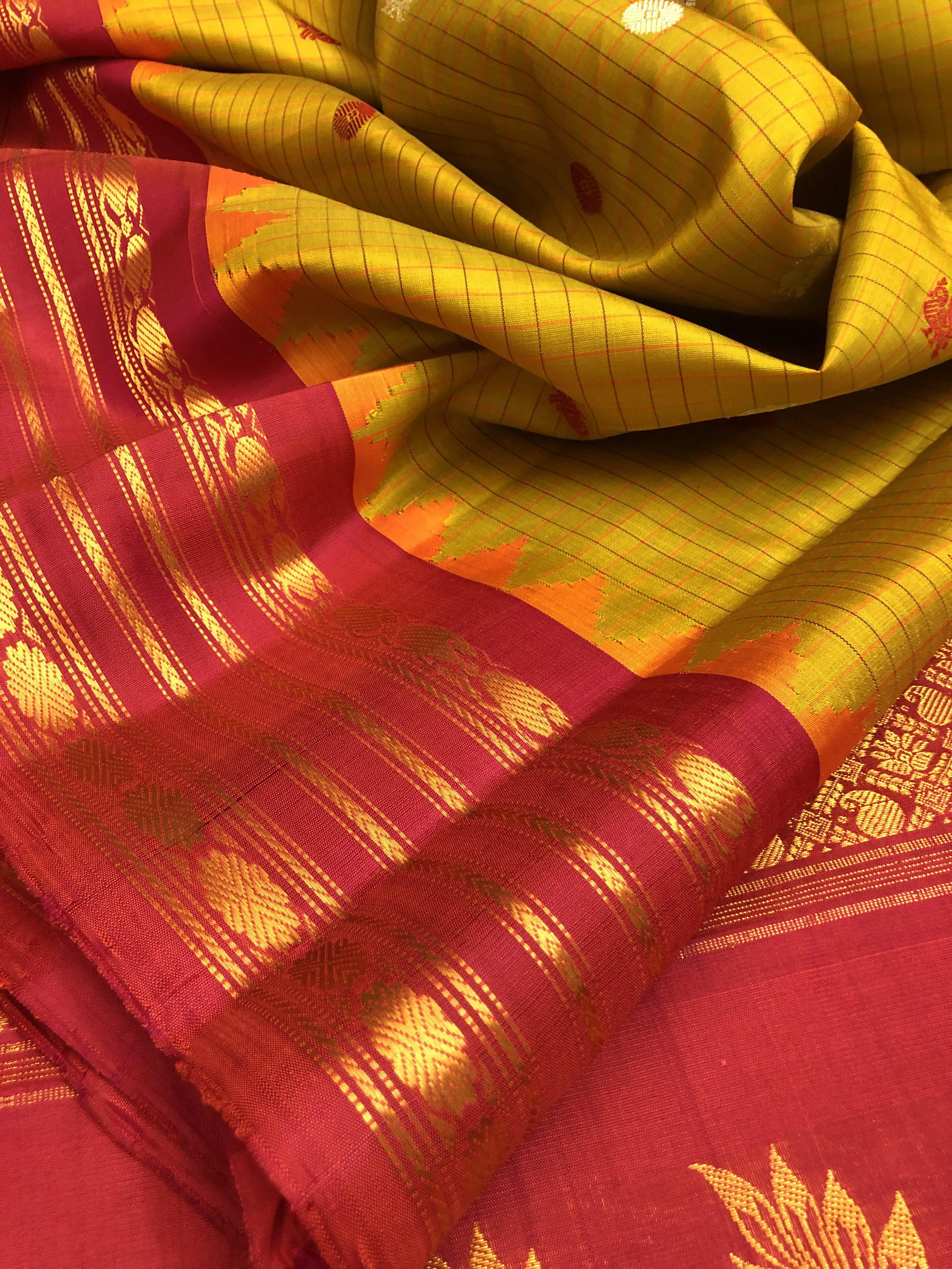 Mustard and Dark Red Color Pure Gadwal Silk Saree