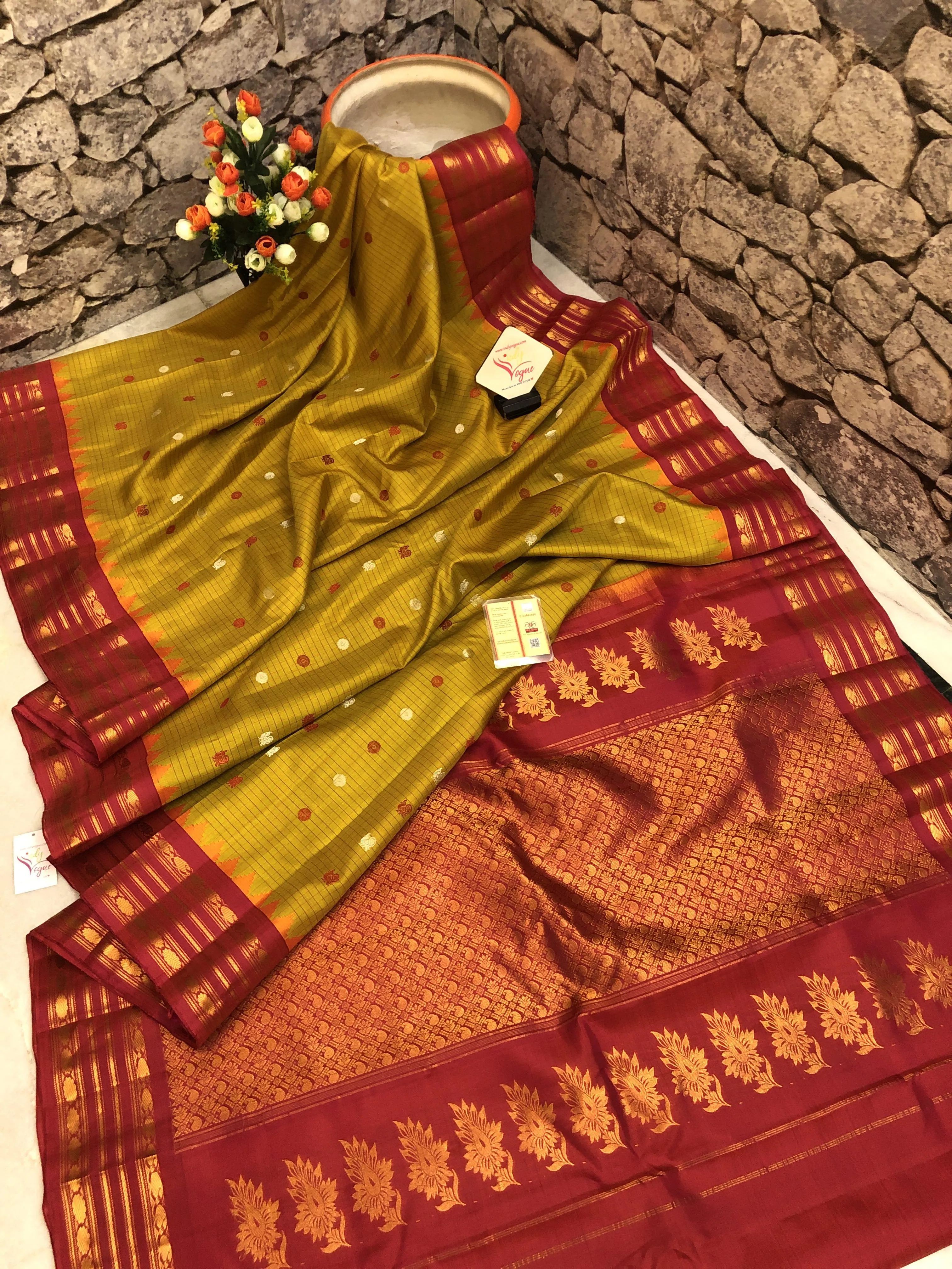 Mustard and Dark Red Color Pure Gadwal Silk Saree