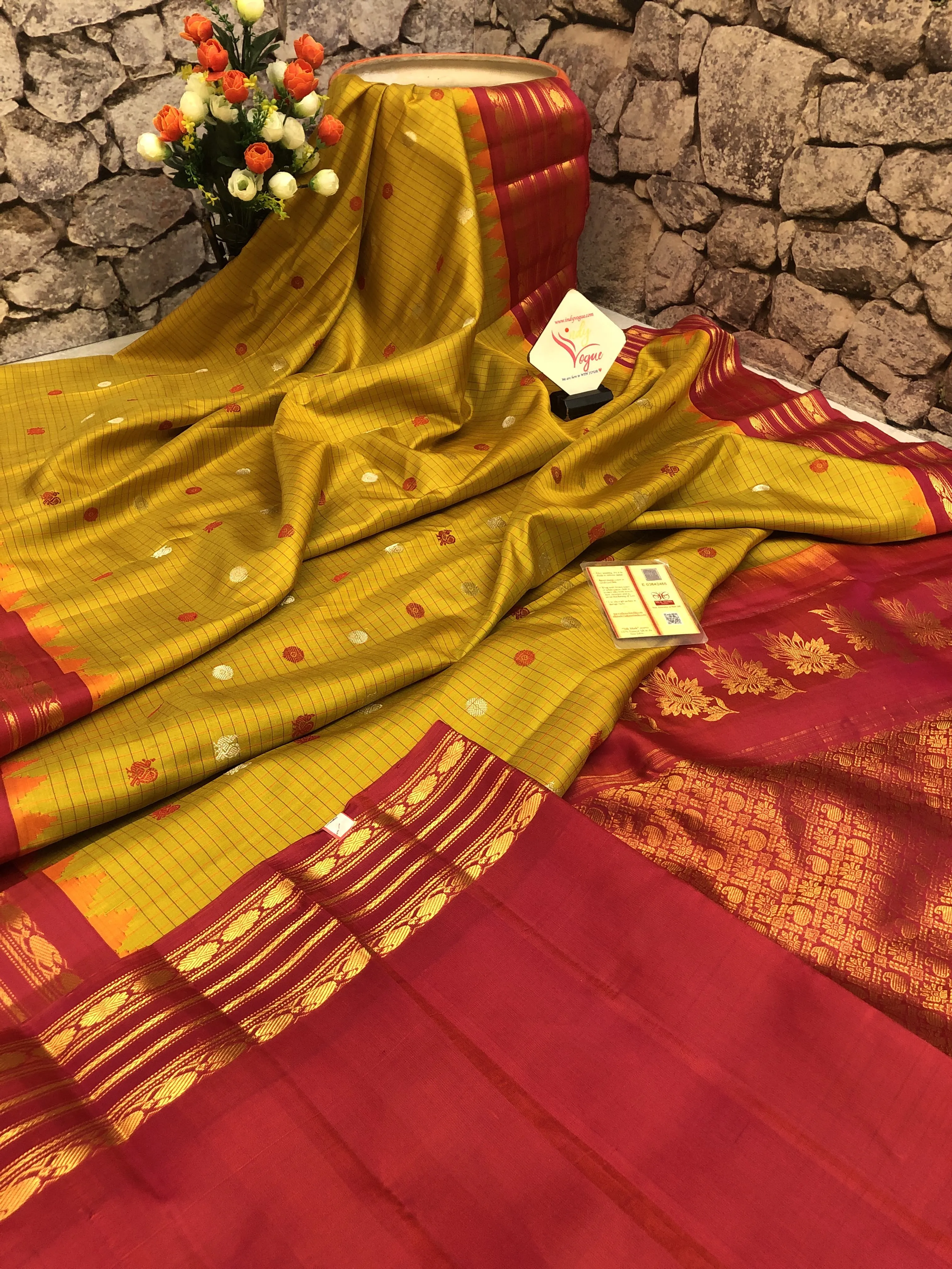 Mustard and Dark Red Color Pure Gadwal Silk Saree