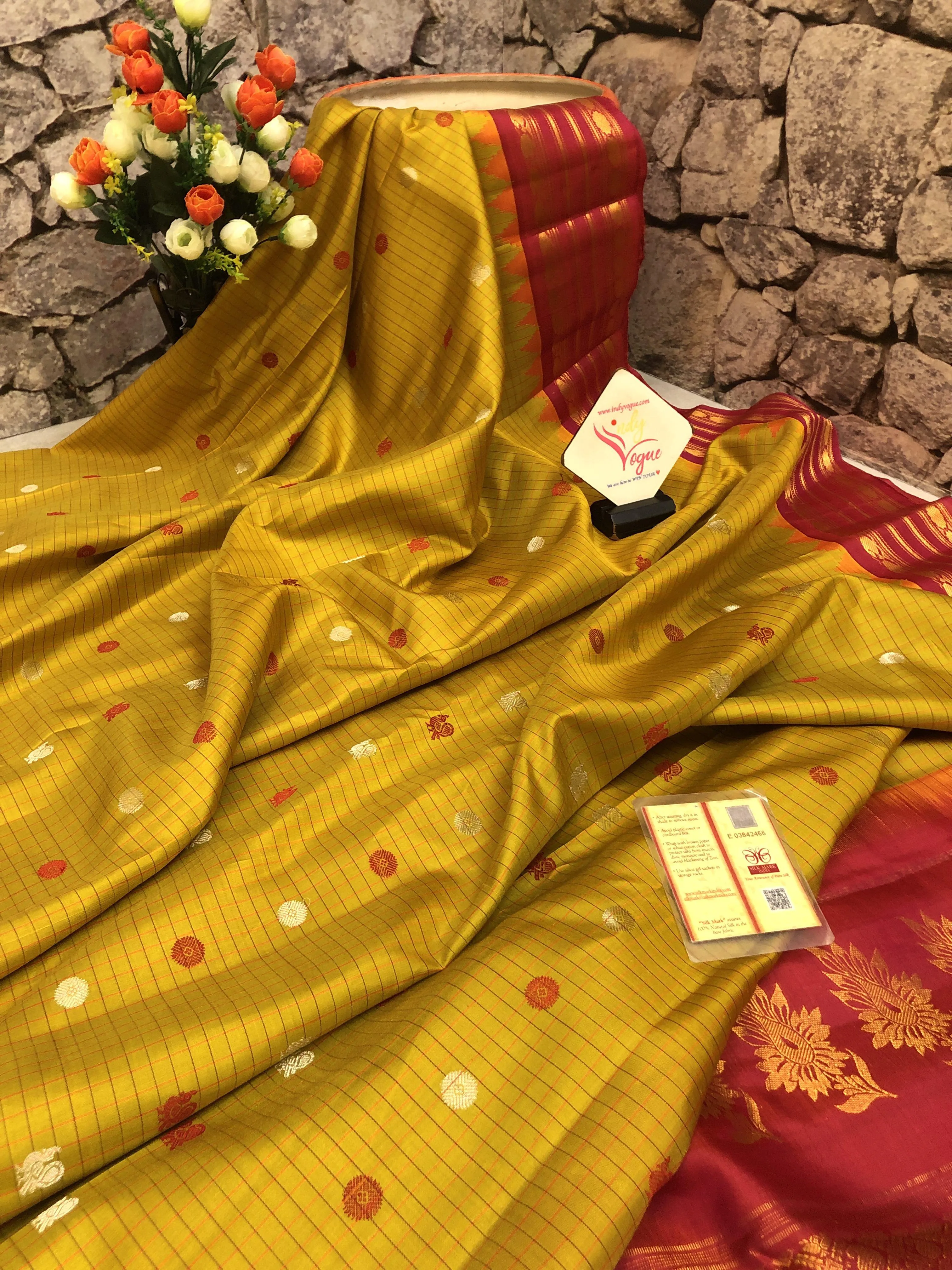 Mustard and Dark Red Color Pure Gadwal Silk Saree