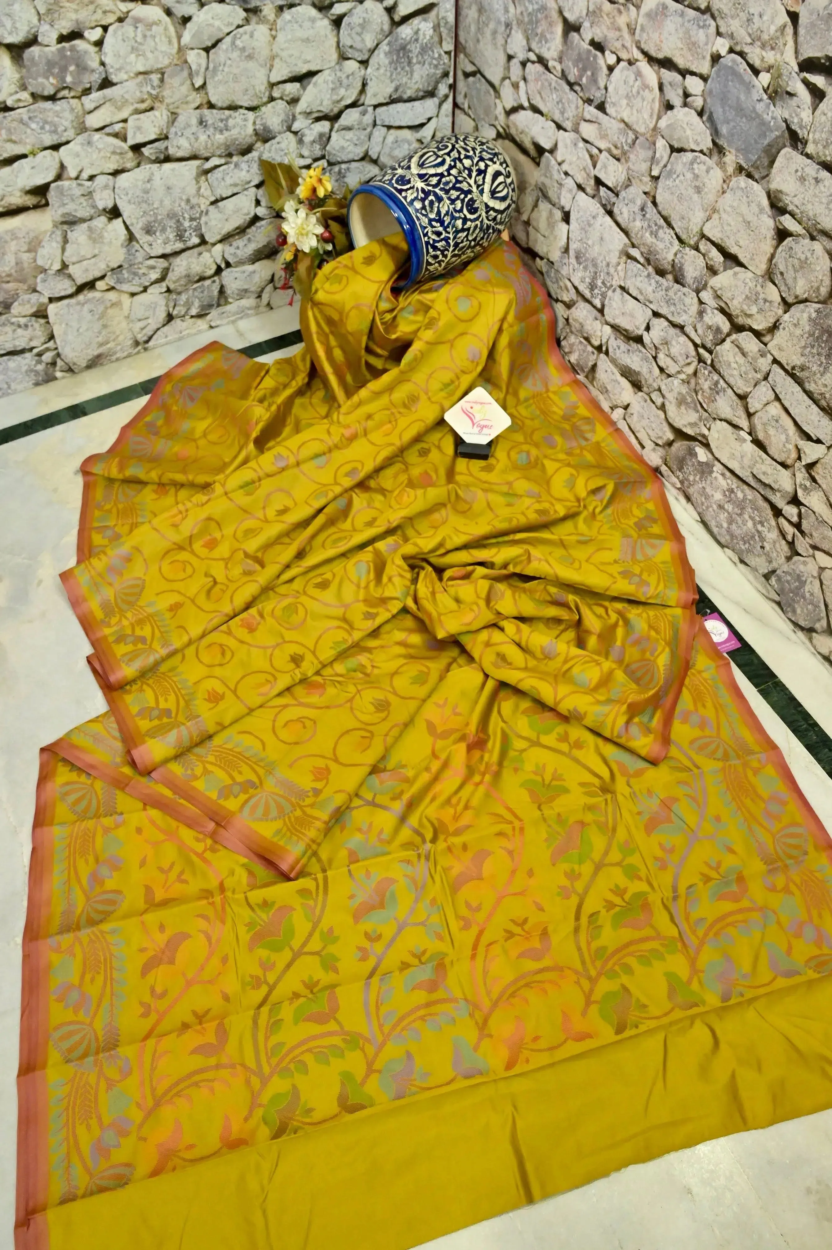 Mustard Yellow Color Bangalore Silk Saree with Jamdani Weaving