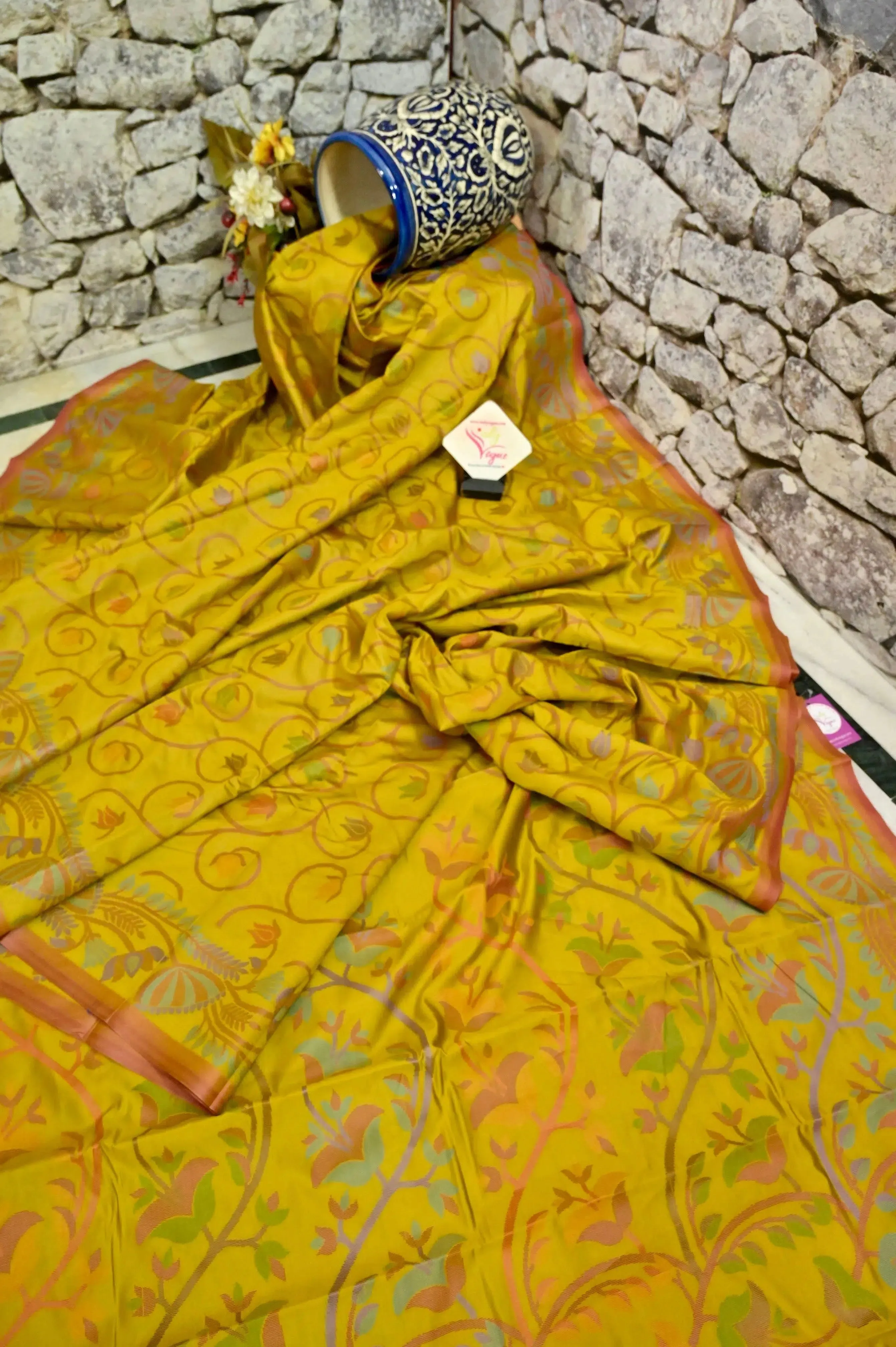 Mustard Yellow Color Bangalore Silk Saree with Jamdani Weaving