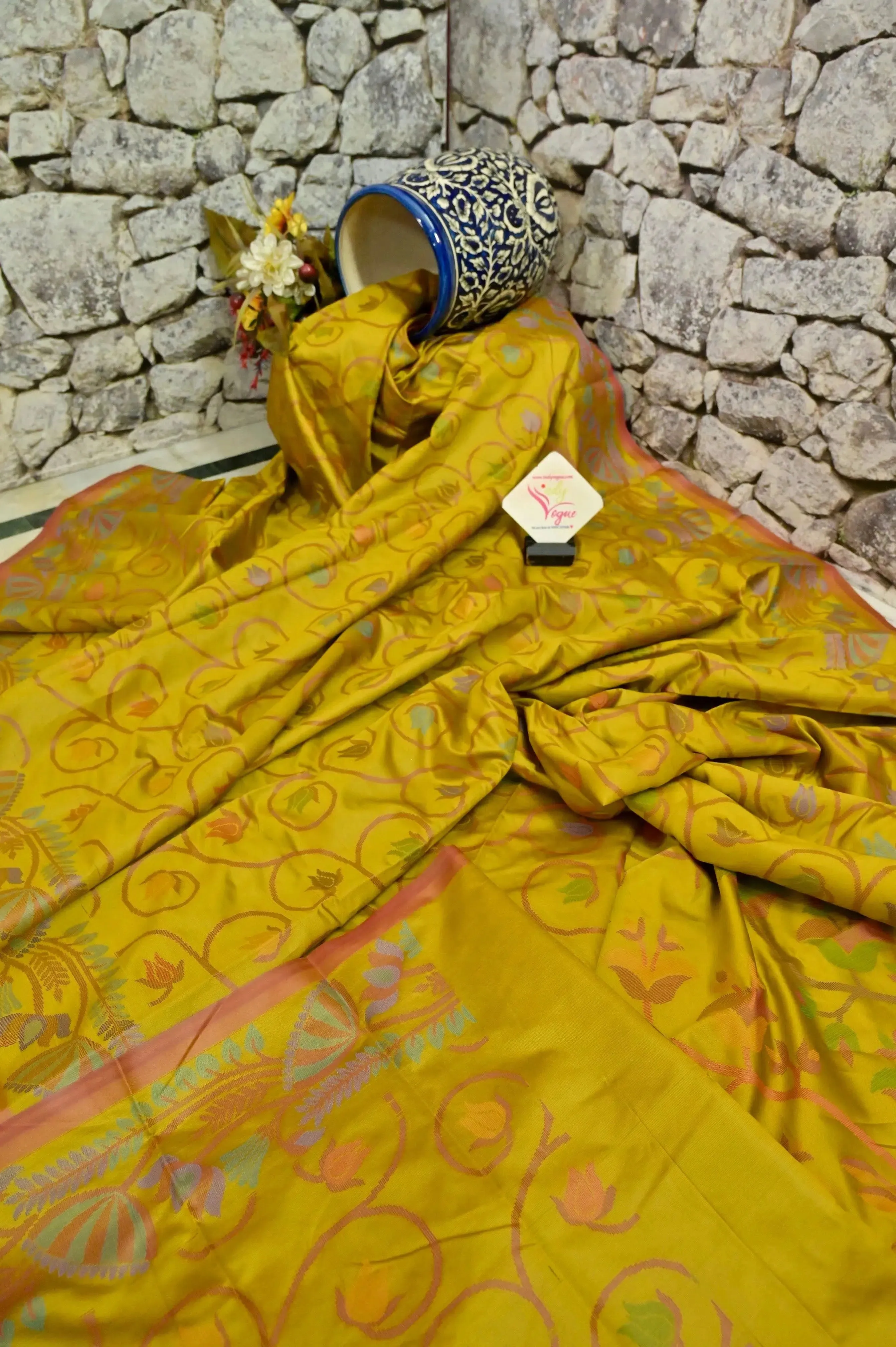 Mustard Yellow Color Bangalore Silk Saree with Jamdani Weaving