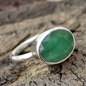 Natural Emerald Gemstone Ring, Oval Faceted Emerald Ring, 925 Sterling Silver Ring, Emerald Jewelry, Nickel Free