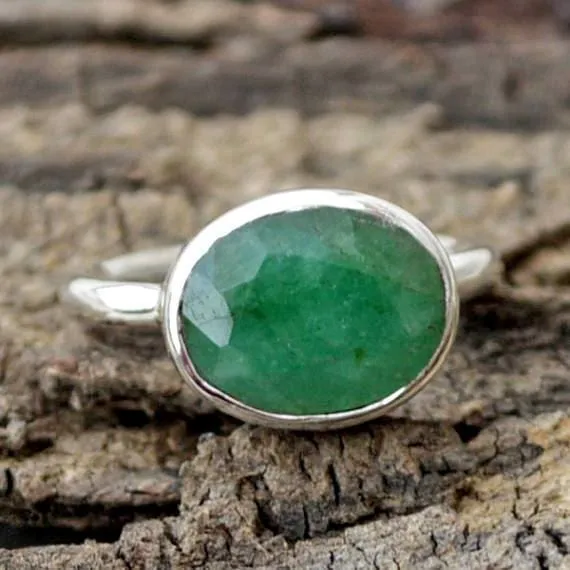 Natural Emerald Gemstone Ring, Oval Faceted Emerald Ring, 925 Sterling Silver Ring, Emerald Jewelry, Nickel Free