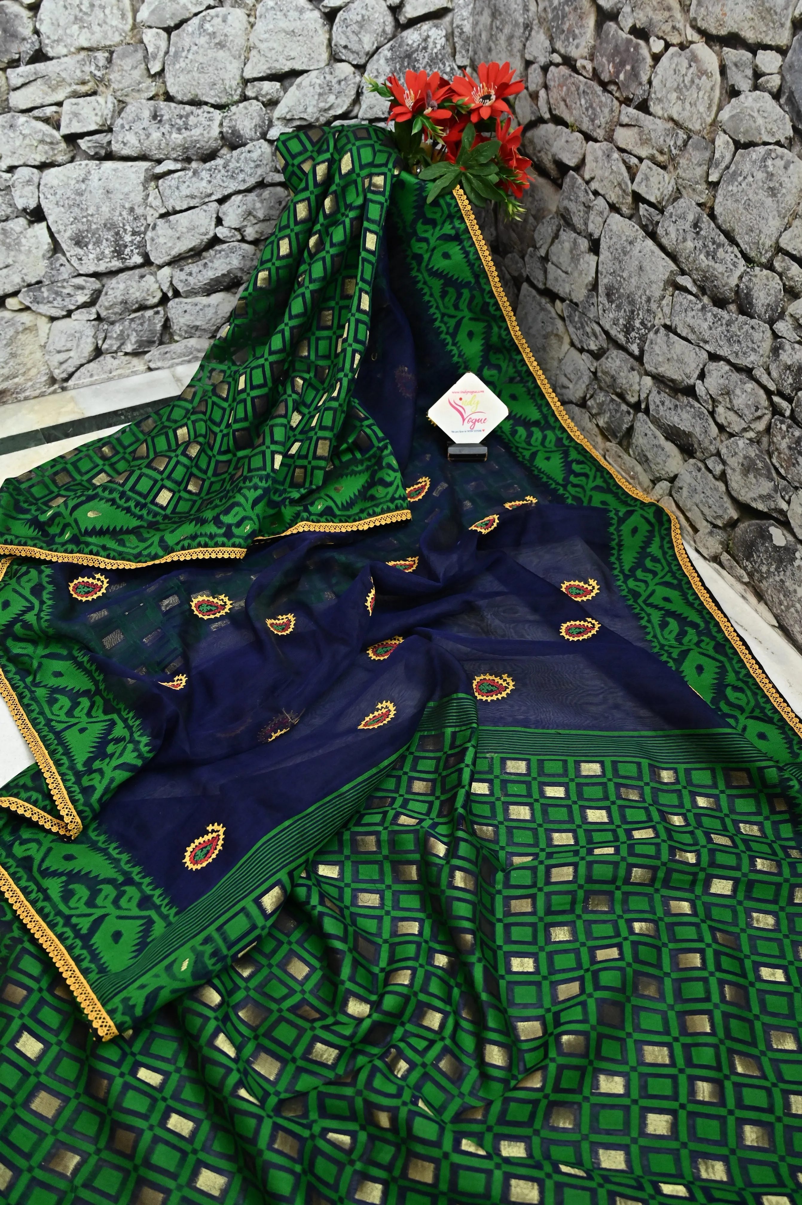 Navy Blue and Green Color Patli Pallu Jamdani Saree with Gujarati Hand Embroidery