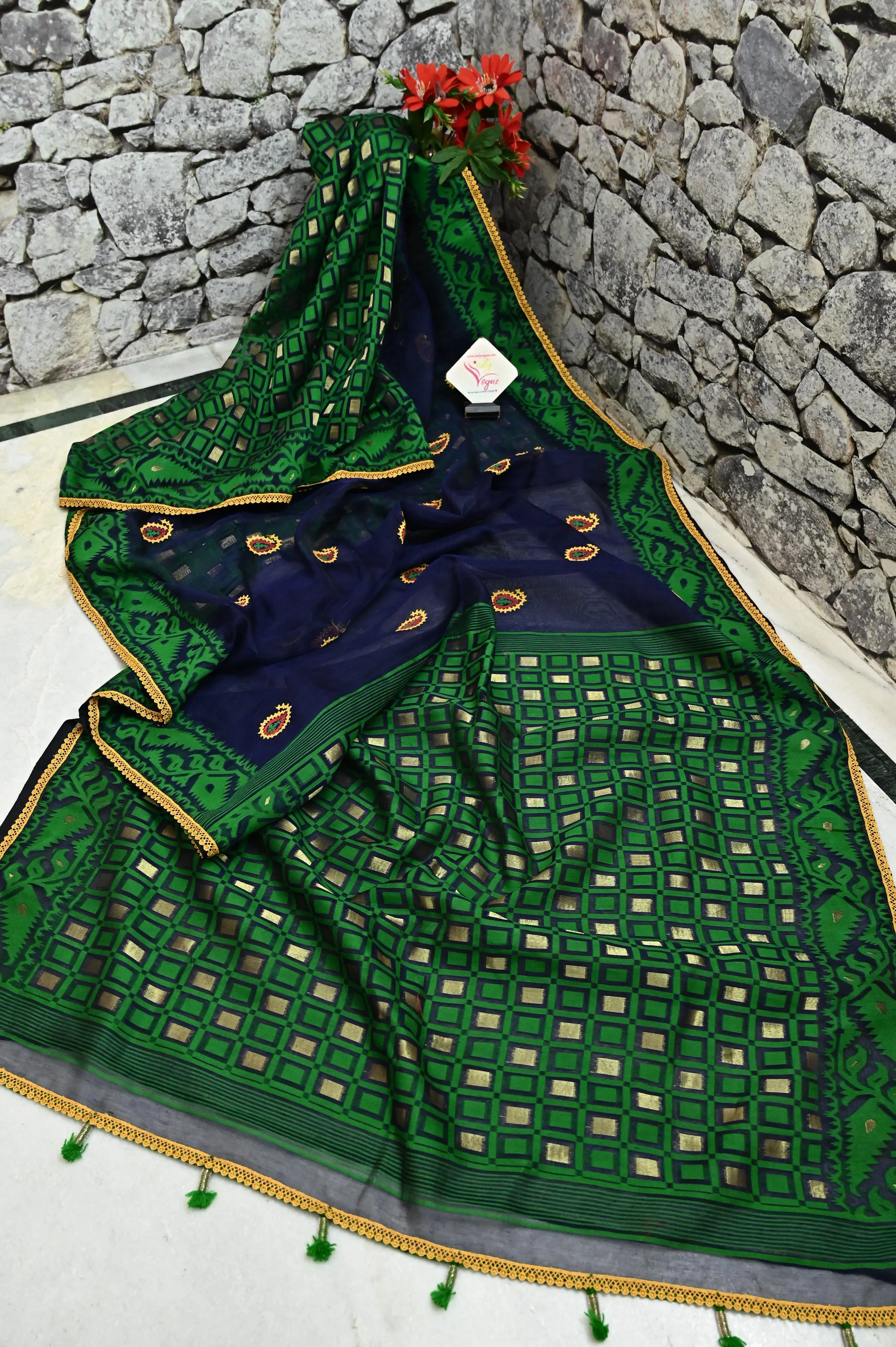 Navy Blue and Green Color Patli Pallu Jamdani Saree with Gujarati Hand Embroidery