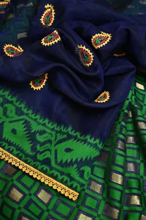 Navy Blue and Green Color Patli Pallu Jamdani Saree with Gujarati Hand Embroidery