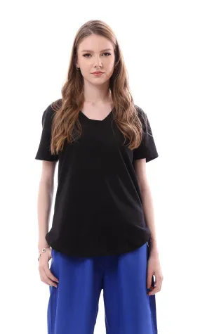 O164656 Black Short Sleeves Slip On U-Shaped Hemline Tee