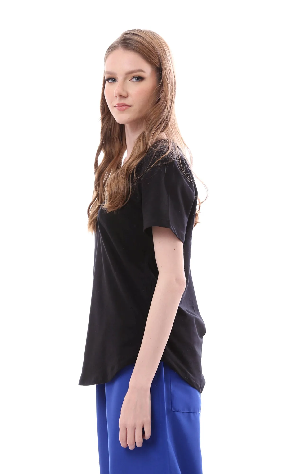 O164656 Black Short Sleeves Slip On U-Shaped Hemline Tee