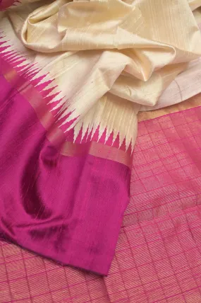 Offwhite and Magenta Pink Color Pure Raw Silk Saree